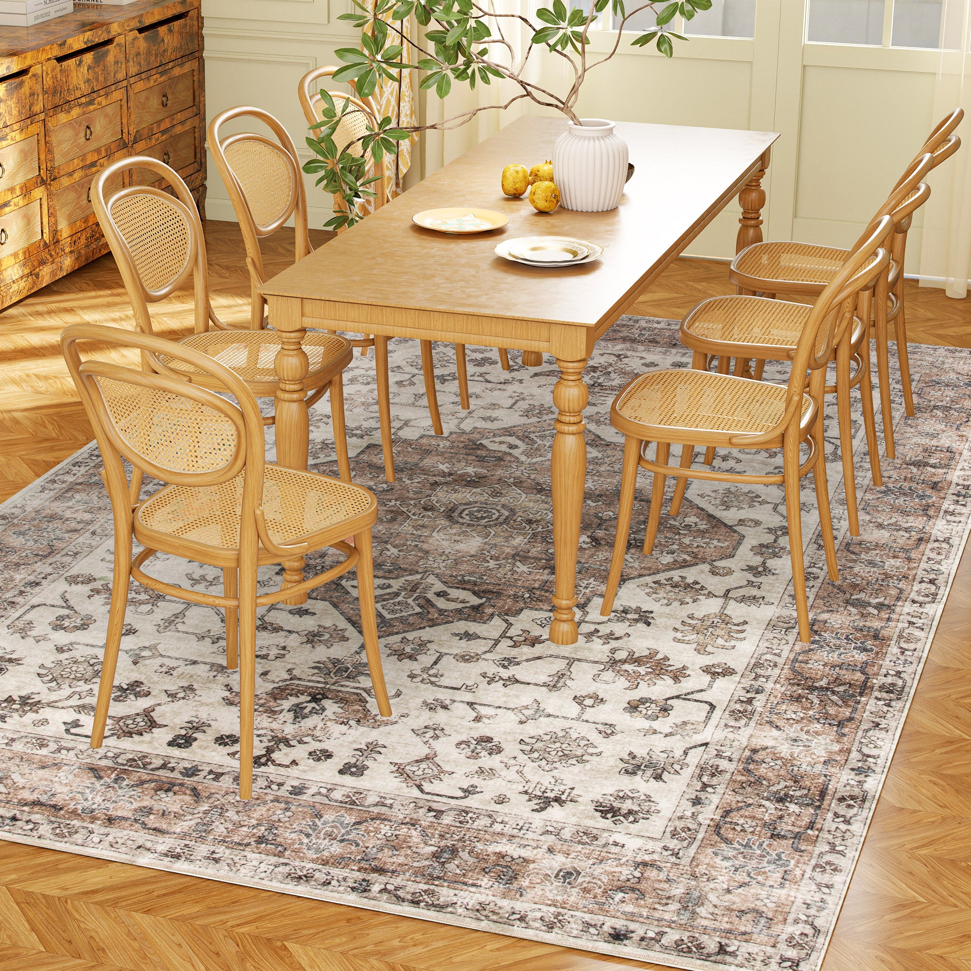 5x7 Area Rug, Vintage Machine Washable Rug, Non-Slip Floor Carpet for Living Room, Bedroom, Dining Room, Tan