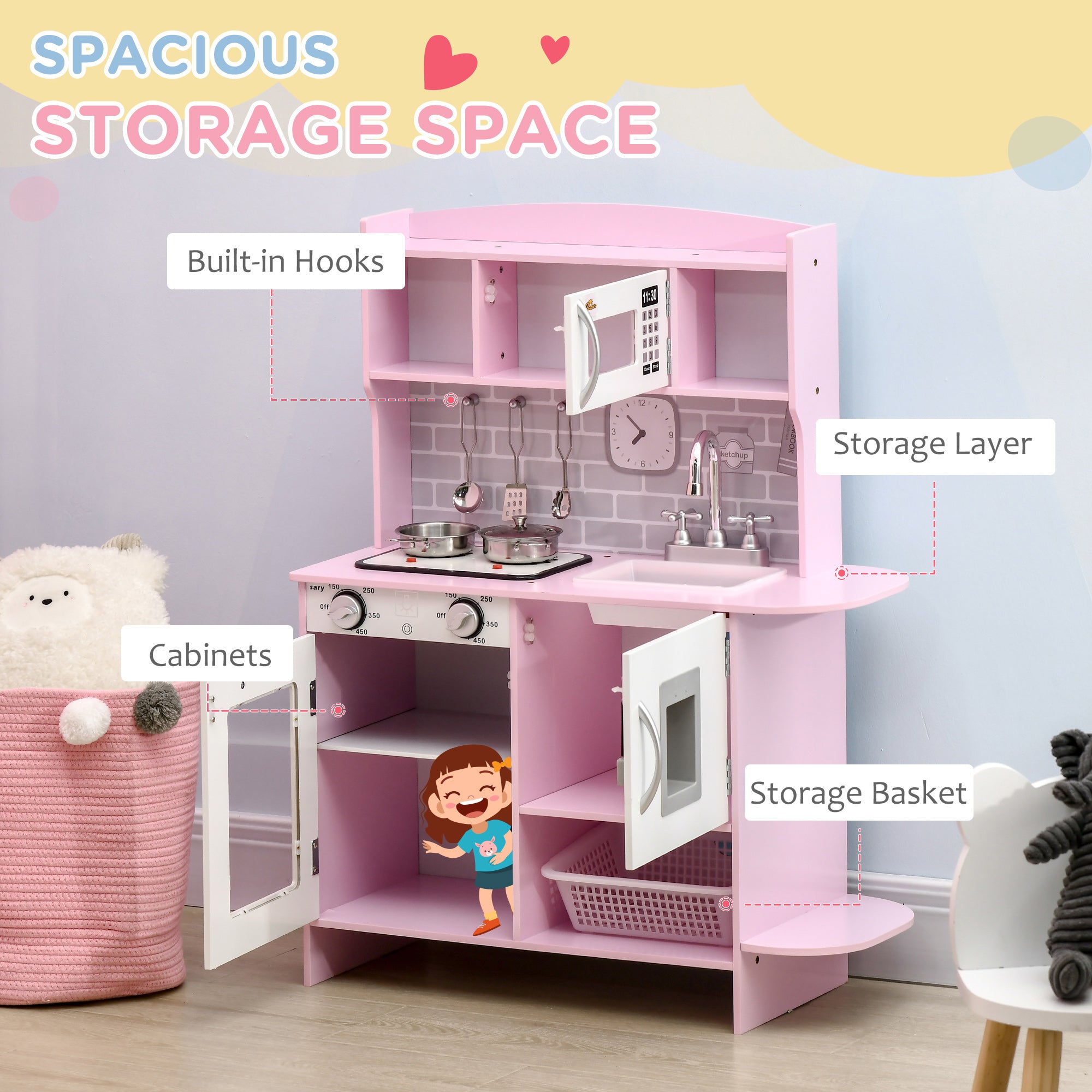 Pretend Play Kitchen with Sound Effects and Stove Lights, Kids Kitchen Playset with Storage, Water Dispenser Preschool & Kindergarten Gift for 3-6 Years Old, Pink