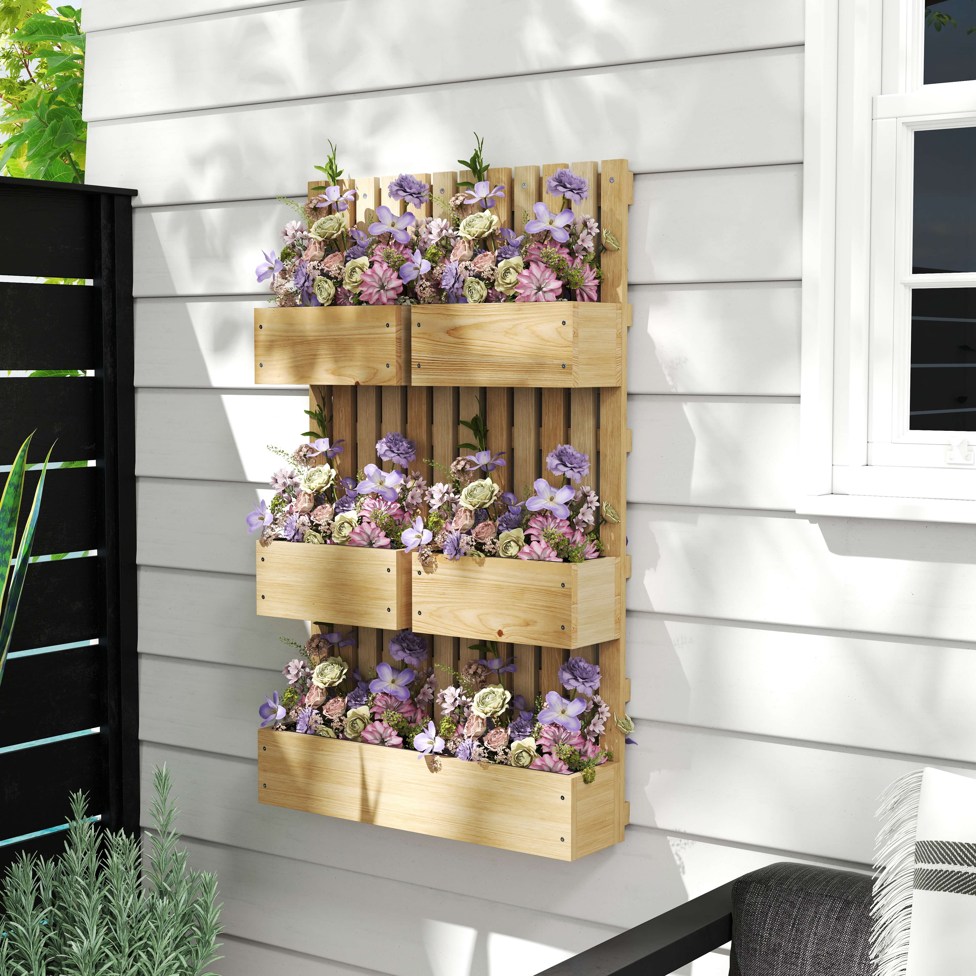 Wall Mounted Planter with Trellis and Drainage Holes for Small Spaces, Raised Garden Bed, Natural - Natural Wood - Image 2