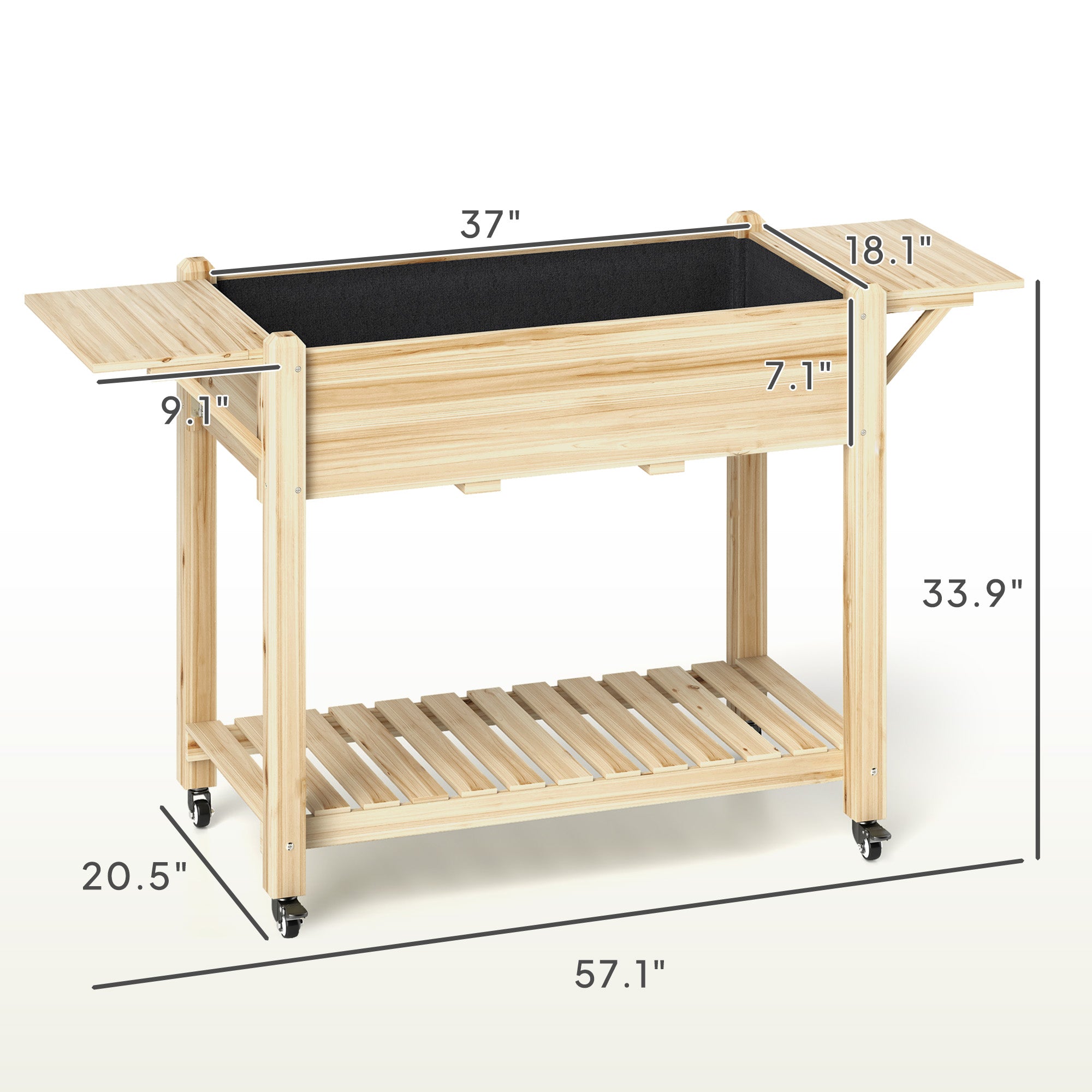 Wood Raised Planter Box, Elevated Garden Bed with Lockable Wheels, Side Tables, Bottom Shelf, Drain Holes, Natural - Natural Wood - Image 3