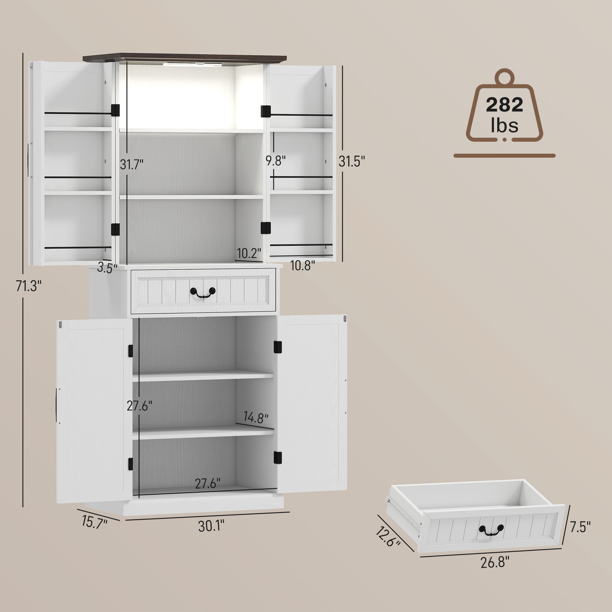71" LED Kitchen Pantry Cabinet, Farmhouse Storage Cabinet with Door Shelves, Distressed White