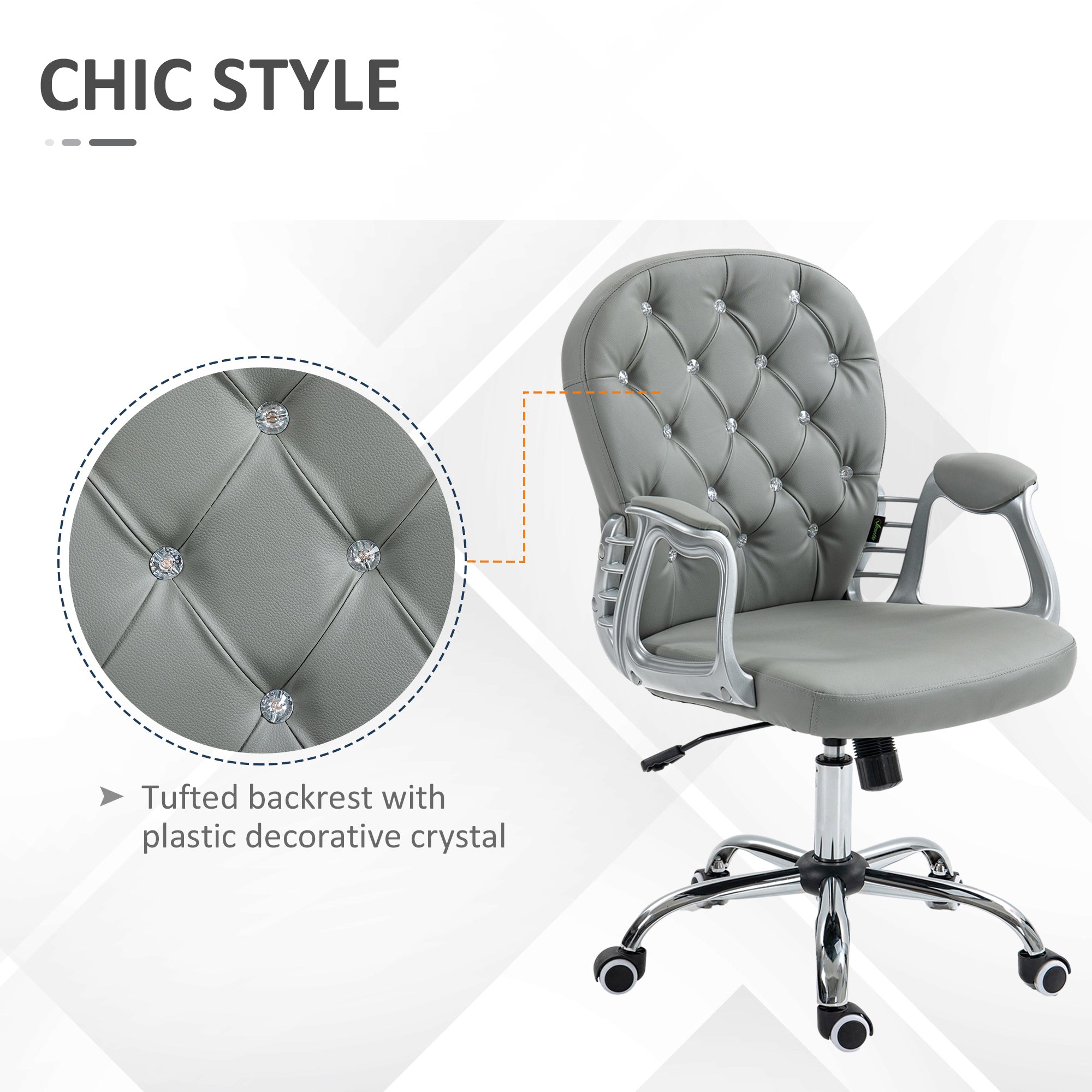 Button Tufted Desk Chair, Home Office Chair with Padded Armrests, Adjustable Height and Swivel Wheels, Gray