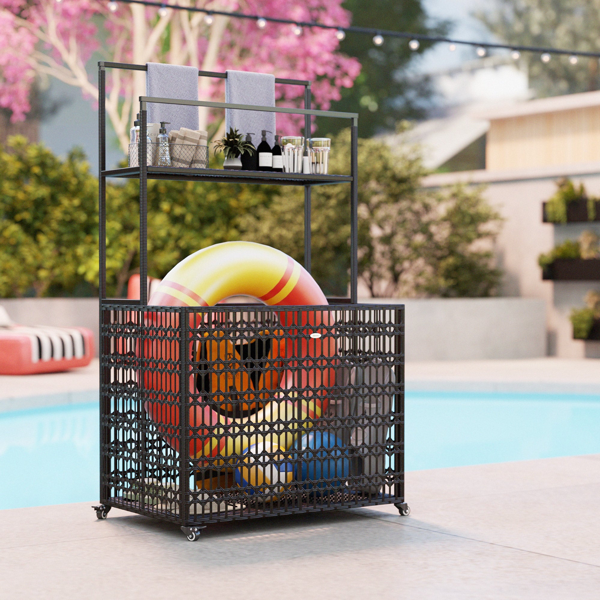 Wicker Pool Float Storage Organizer, PE Rattan Pool Float Holder with Basket Shelf Towel Bars, Rolling Pool Caddy for Floaties, Noodles, Life Vests, Beach Balls, Brown - Brown - Image 8