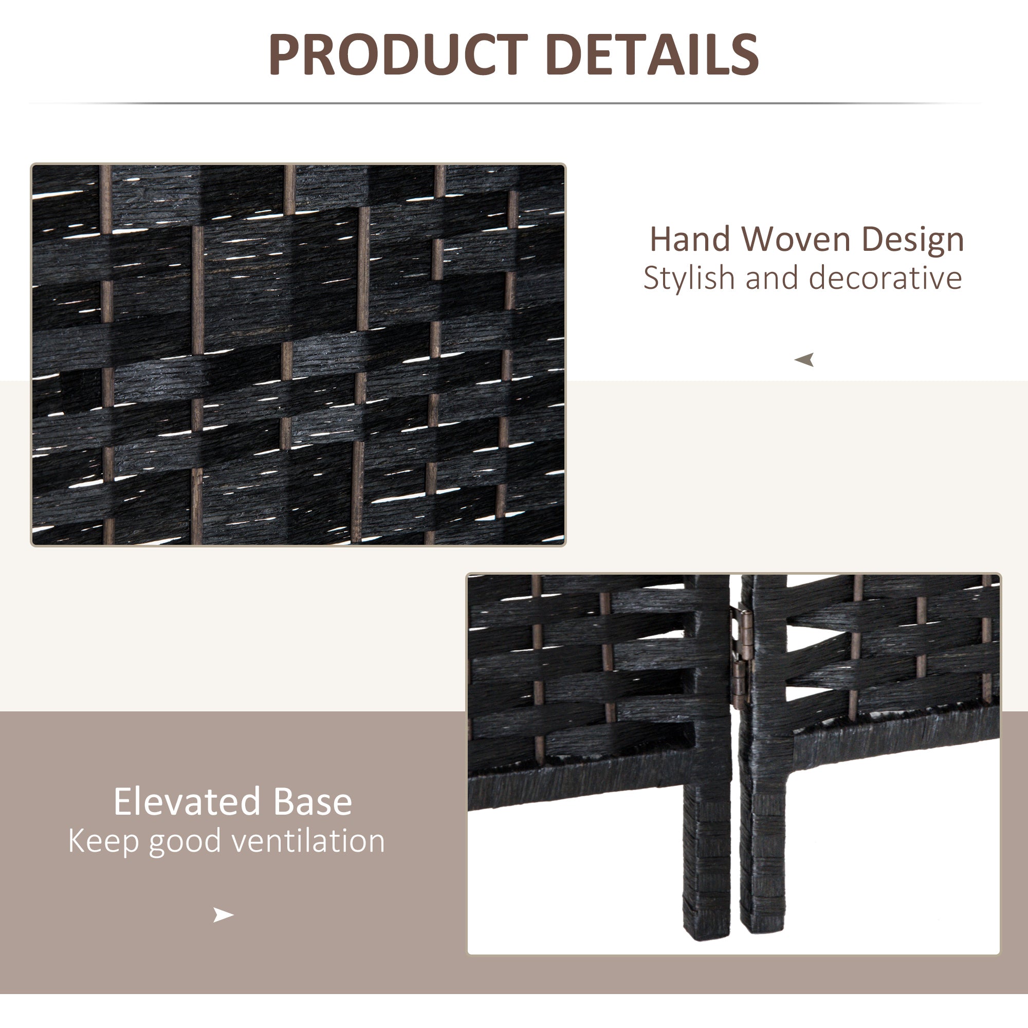 Room Divider 6 Panel, 6FT Tall Folding Privacy Screen, Freestanding Hand-Woven Partition for Room Separation with 360° Hinges, Paper Rope Diamond Weave, Black