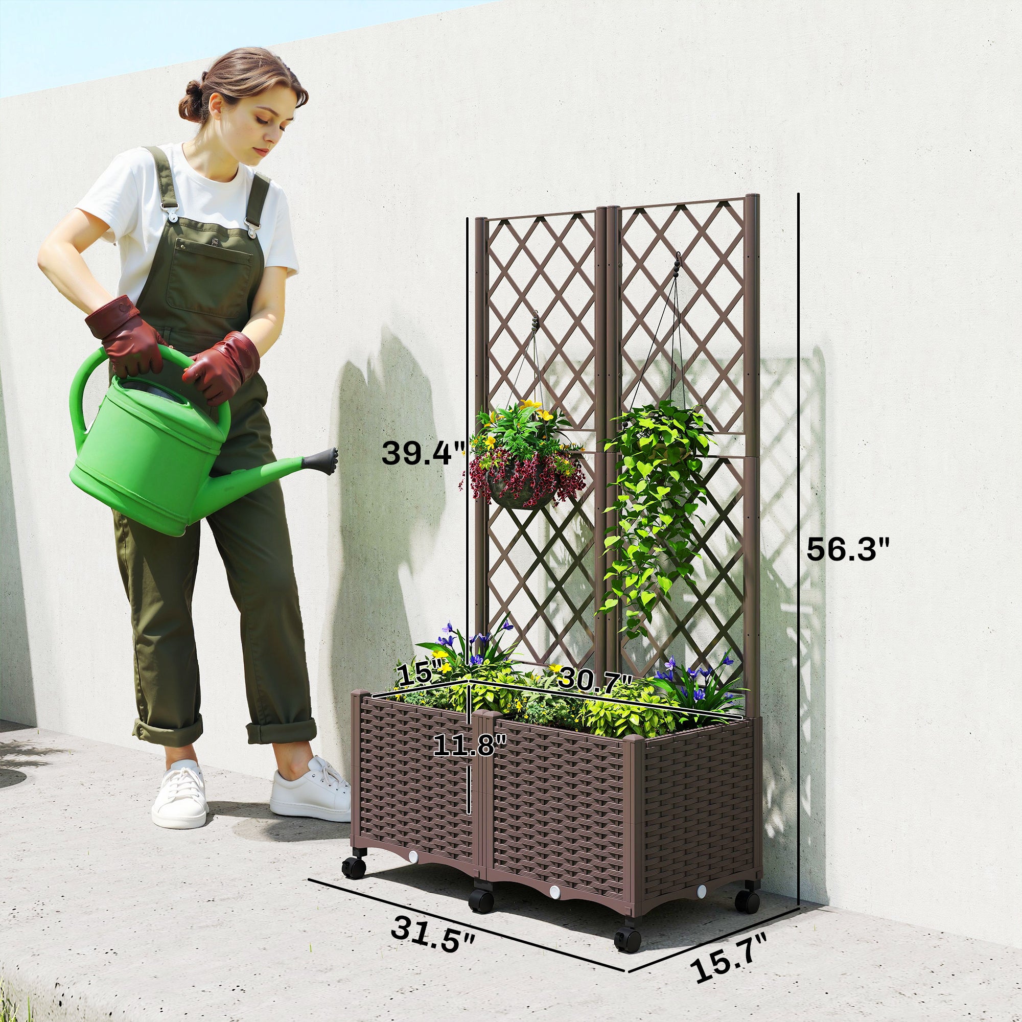 Planter Box with Trellis, Self Watering Raised Garden Bed with Lockable Wheels and Drainage Holes, Brown - Brown - Image 3