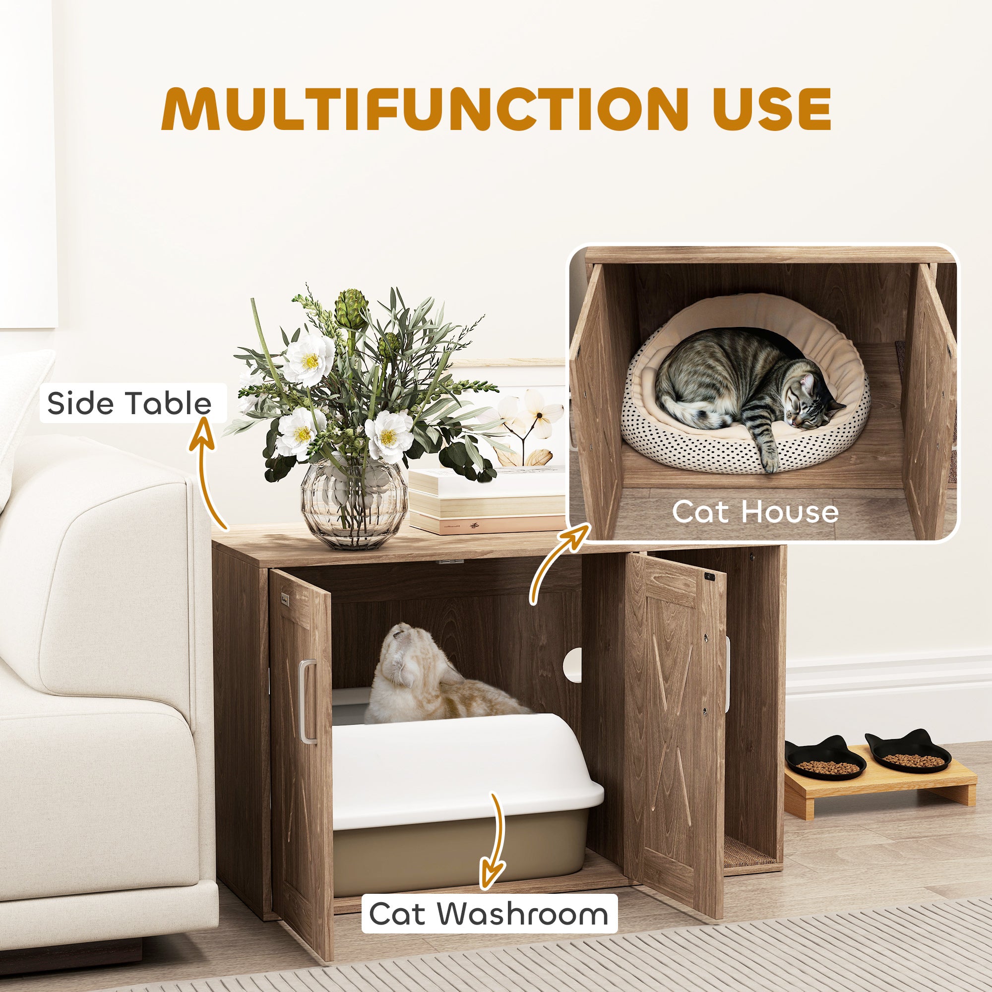 Cat Litter Box Enclosure with Scratching Board, Cat Washroom End Side Table, 31.5" x 19" x 20", Walnut Brown - Walnut - Image 4