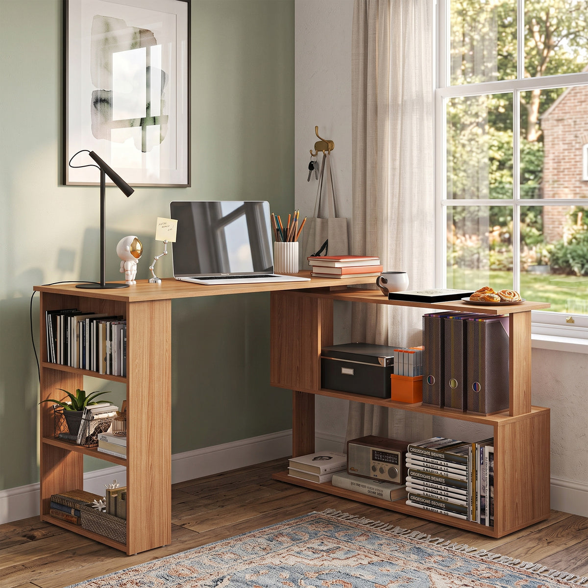 L Shaped Corner Desk, 360 Degree Rotating Home Office Desk with Storage Shelves, Writing Table Workstation, Maple