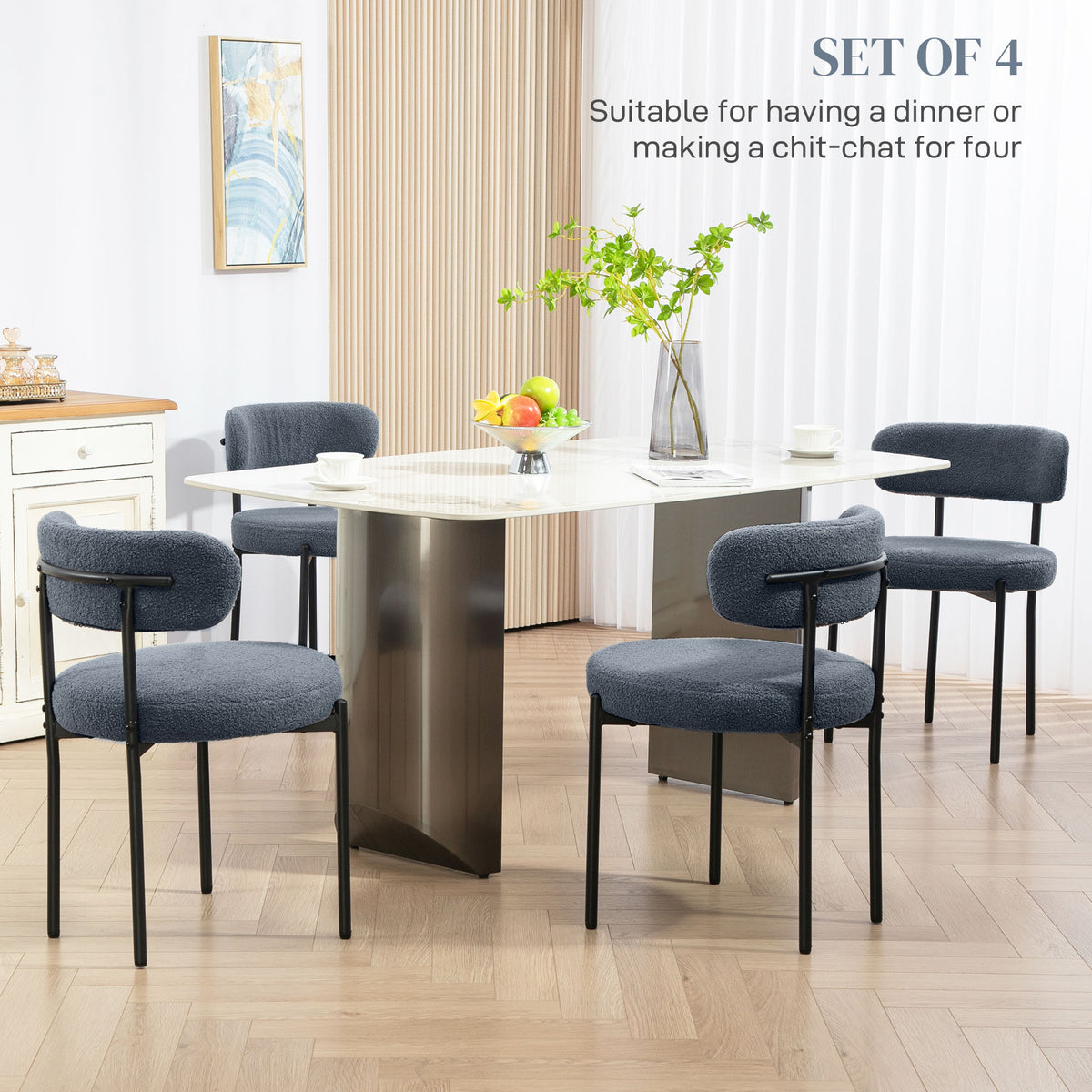 Round Modern Upholstered Kitchen Chairs, Boucle Dining Chairs Set of 4 with Curved Backrest and Thick Cushion, Gray