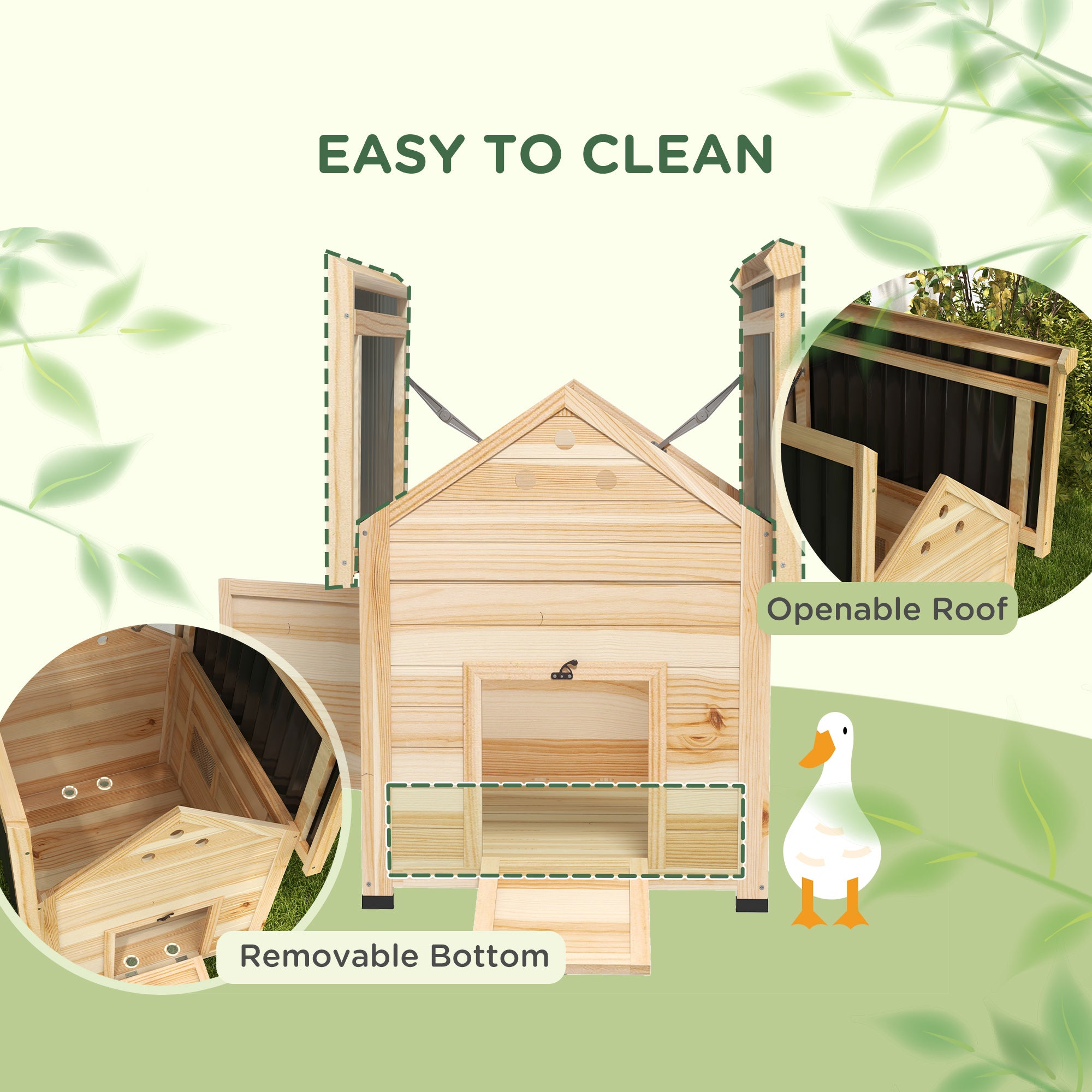 Duck Coop, Wooden Duck House with Openable Roof & Double Doors, Natural Wood - Natural Wood - Image 4