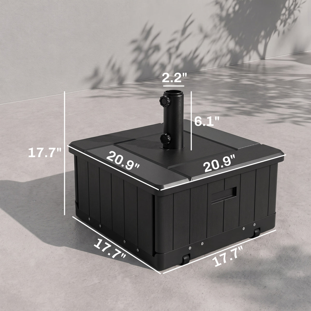 3-in-1 Outdoor Umbrella Base with Wheels and Handles, End Table, Flower Box Planter with Hole, 175 lbs. Capacity, Black