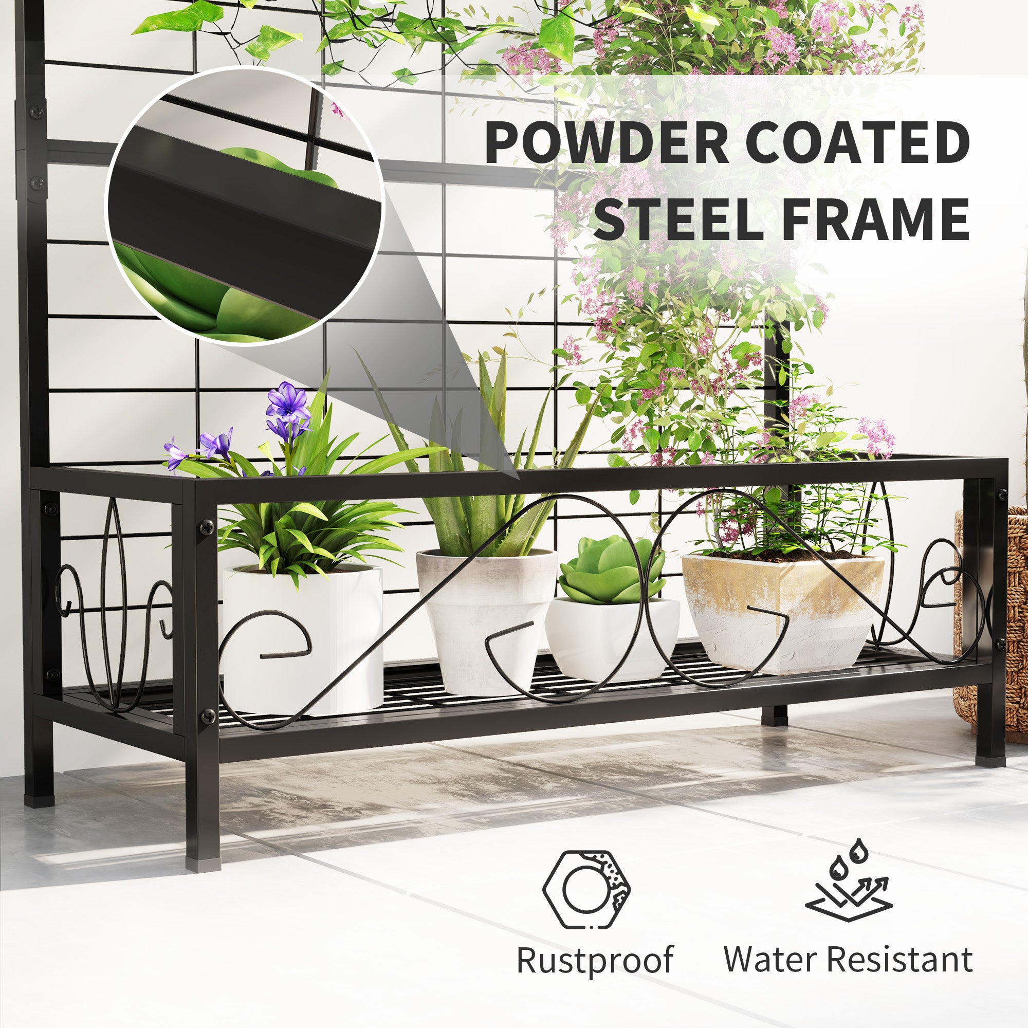 Metal Tall Plant Stand with Trellis and Hanging Bar, Plant Holder for Indoor Outdoor Use, 35" x 12.8" x 74", Black - Black - Image 5