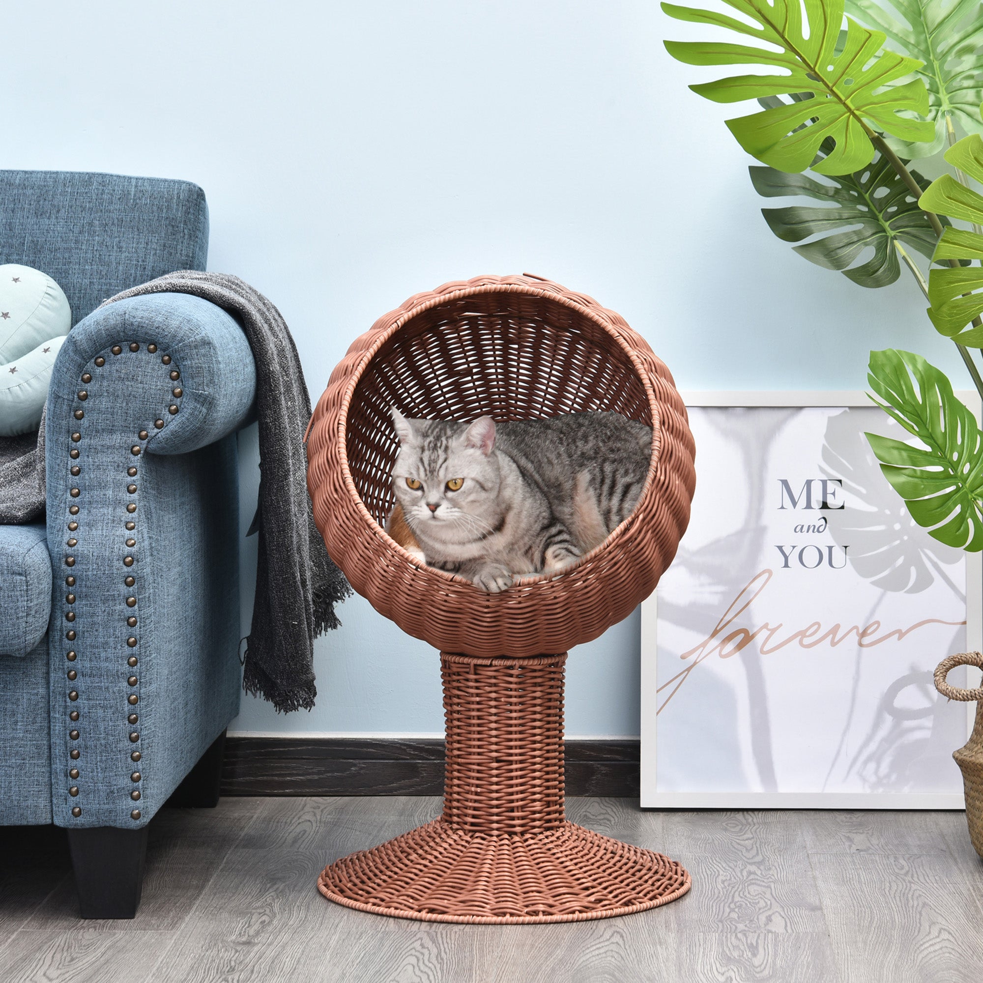 Elevated Cat Bed with Rotatable Egg Chair Pod, Cat Basket Bed with Thick Cushion, Natural Mat Grass Woven Kitty House, Brown - Brown - Image 7