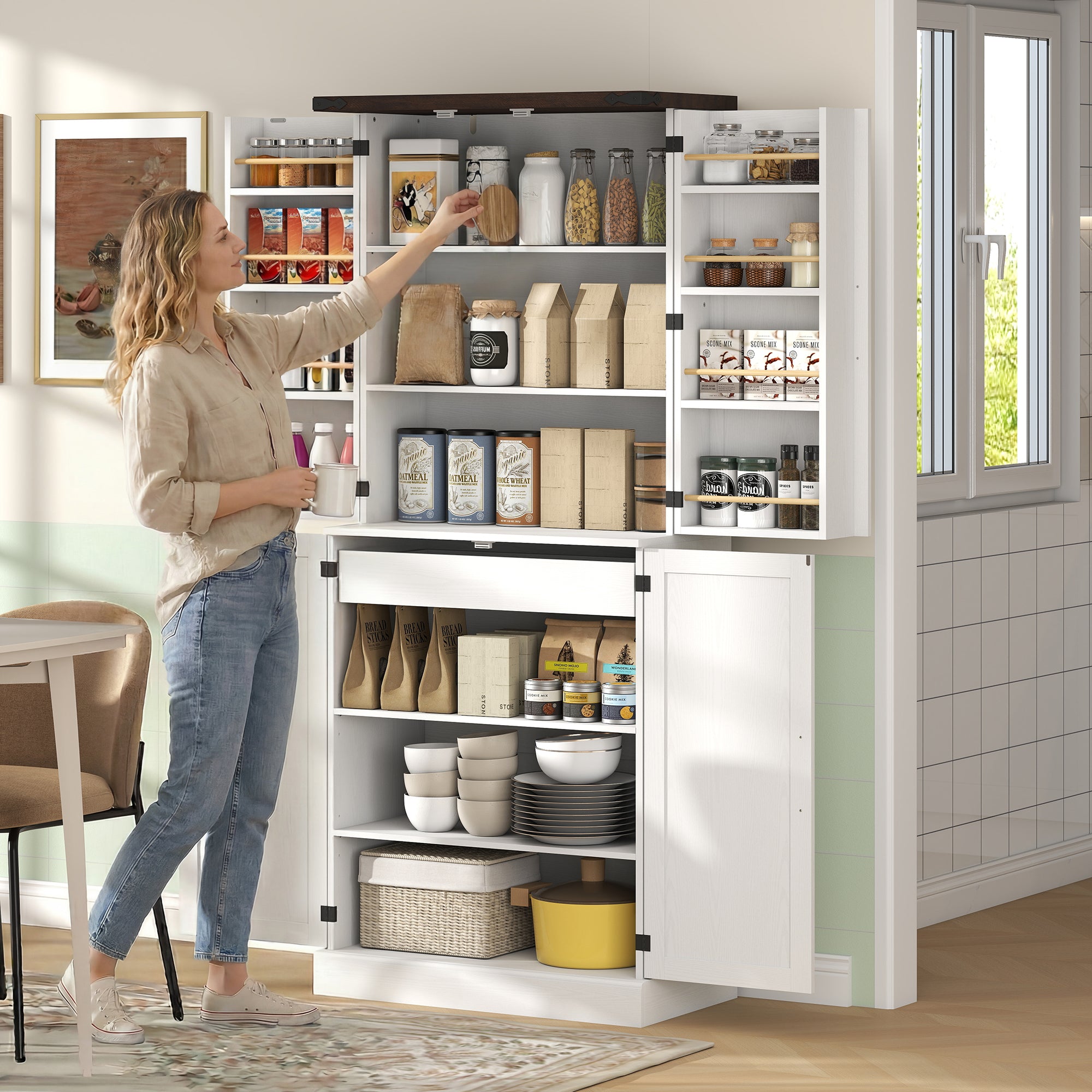 72" Tall Kitchen Pantry Cabinet, Farmhouse Storage Cabinet with 8 Door Racks and Adjustable Shelves, White