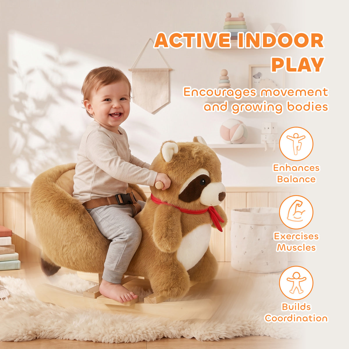 Raccoon Baby Rocking Horse, Kids Plush Ride-On Toy with Realistic Sounds and Safety Belt, Brown