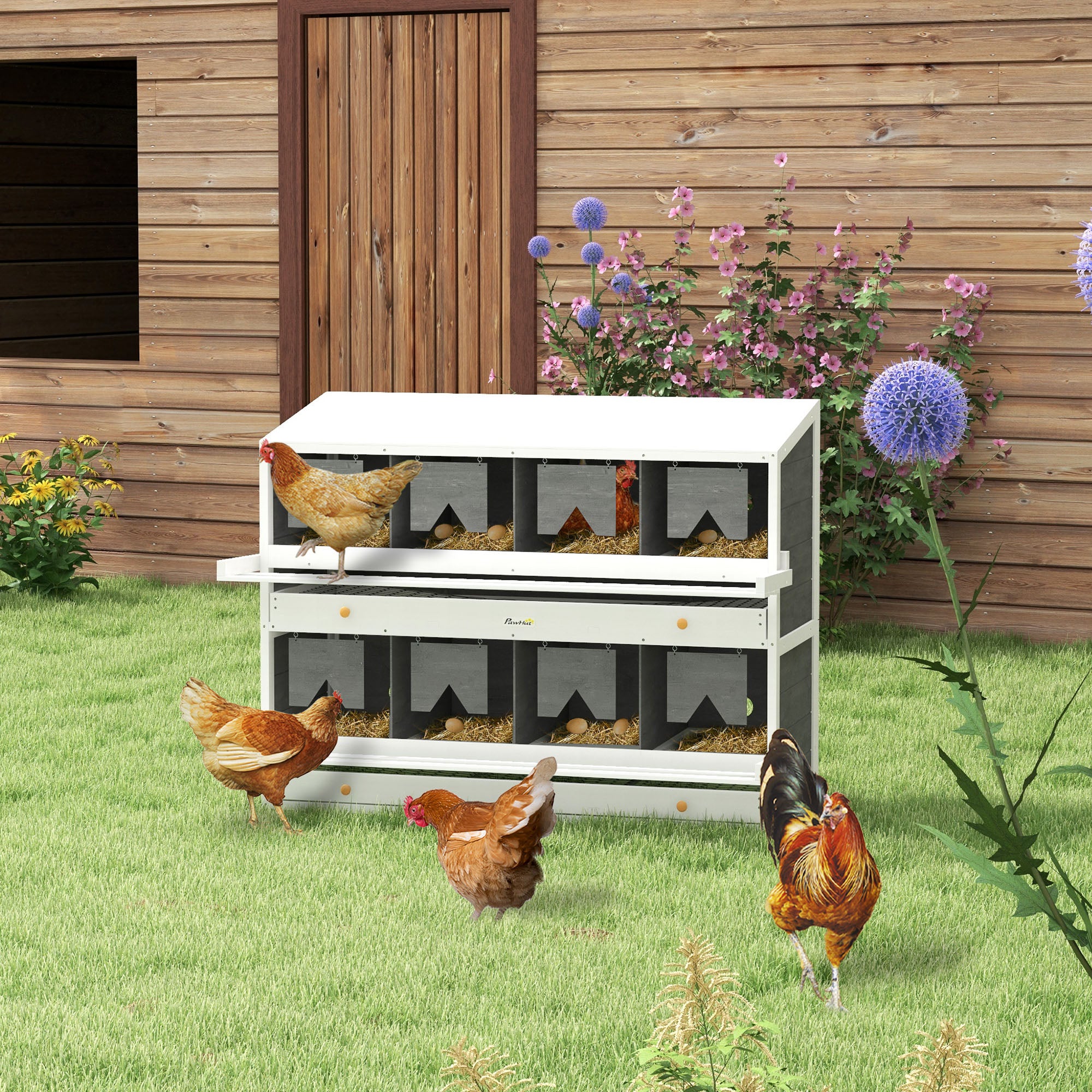 Chicken Nesting Box, 8 Compartment Wood Laying Boxes for Chicken Coop with Egg Collection Trays Perches for 16-32 Hens - Gray - Image 2