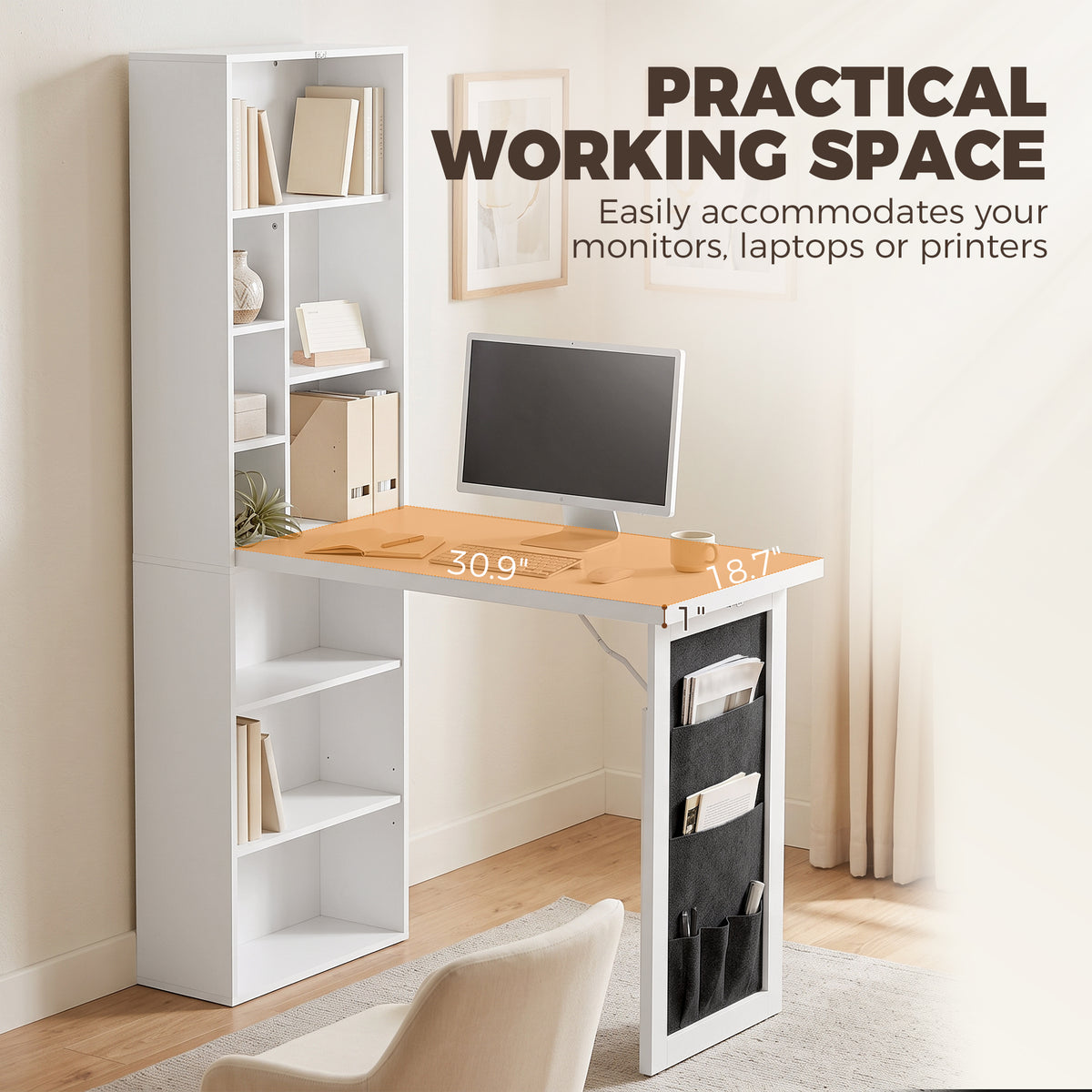 Foldable Convertible Writing Table with Storage Shelves, Bag, Wall-Mounted Space-Saving Computer Desk, White
