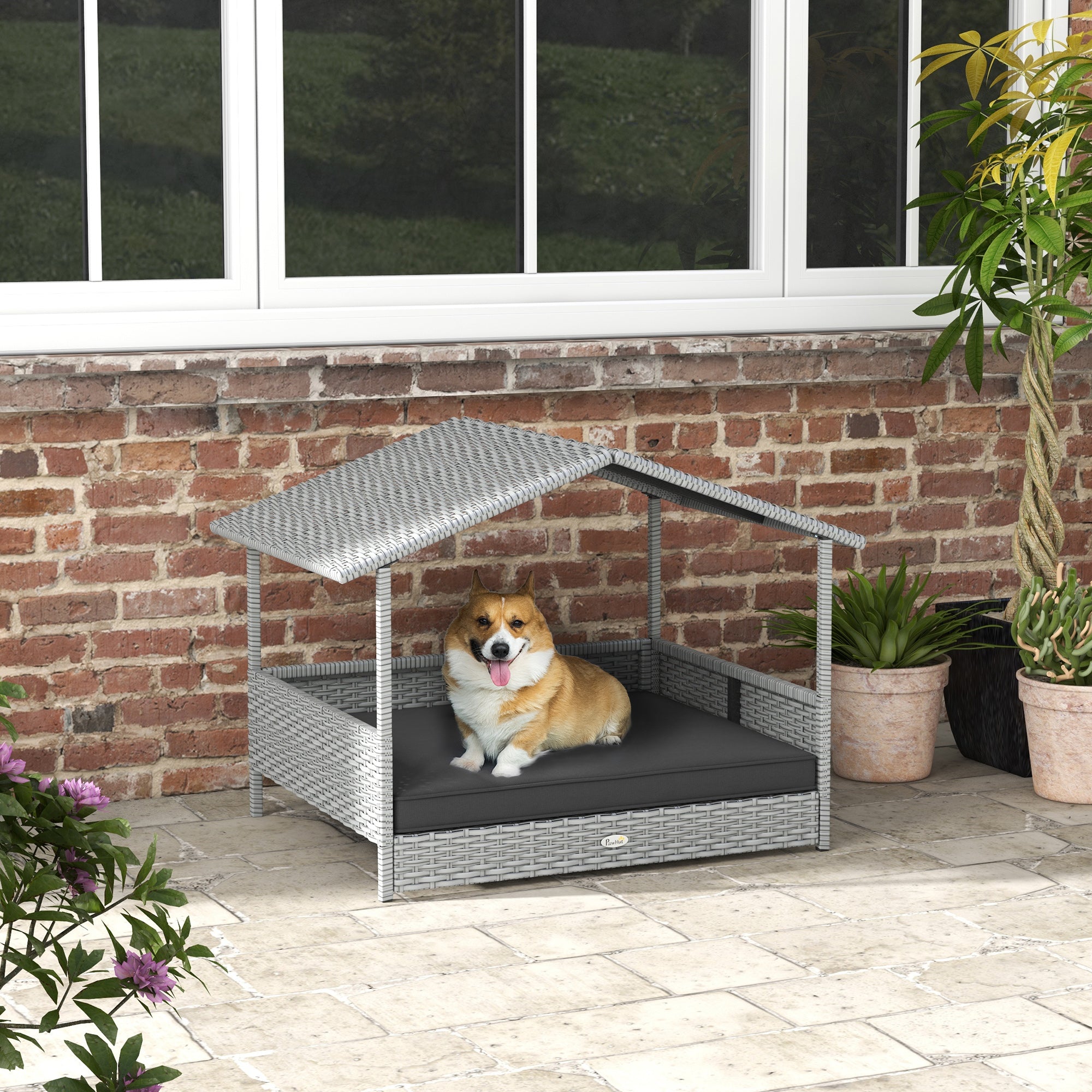 Wicker Dog House Outdoor with Canopy, Rattan Dog Bed with Water-resistant Cushion, Raised Pet Bed for Small, Medium Breeds up to 66 lbs, 20" in Length, Silver Wicker, Gray Cushion - Gray - Image 2