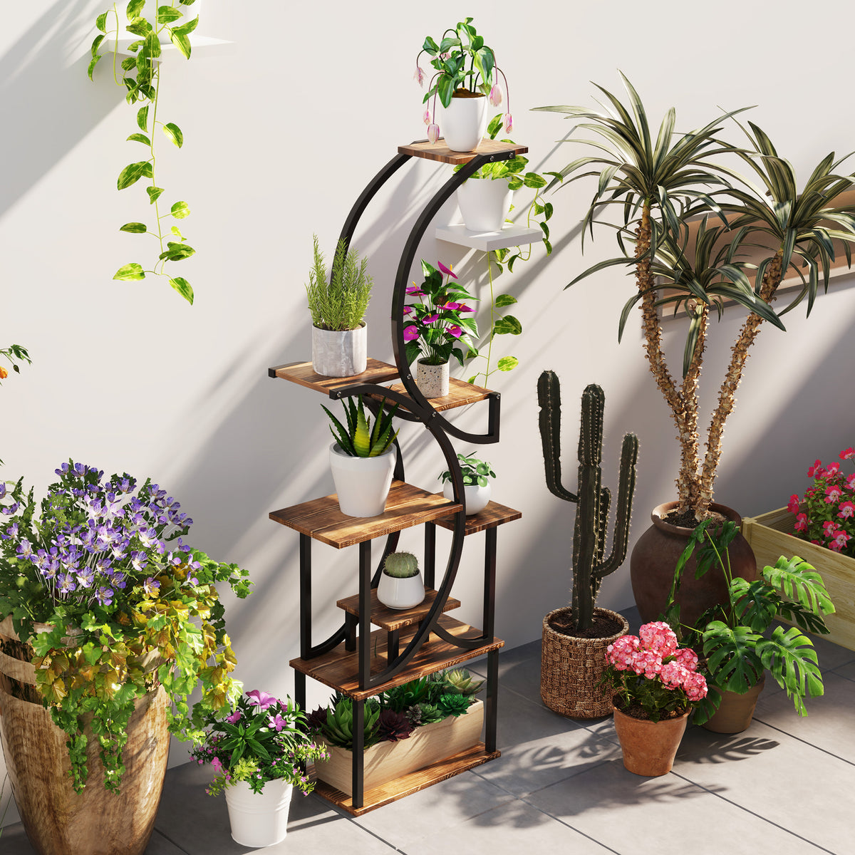 Plant Stand Indoor, 8 Tier 62" S-Shaped Plant Shelf, Corner Plant Rack for Multiple Plants, Carbonised Finish