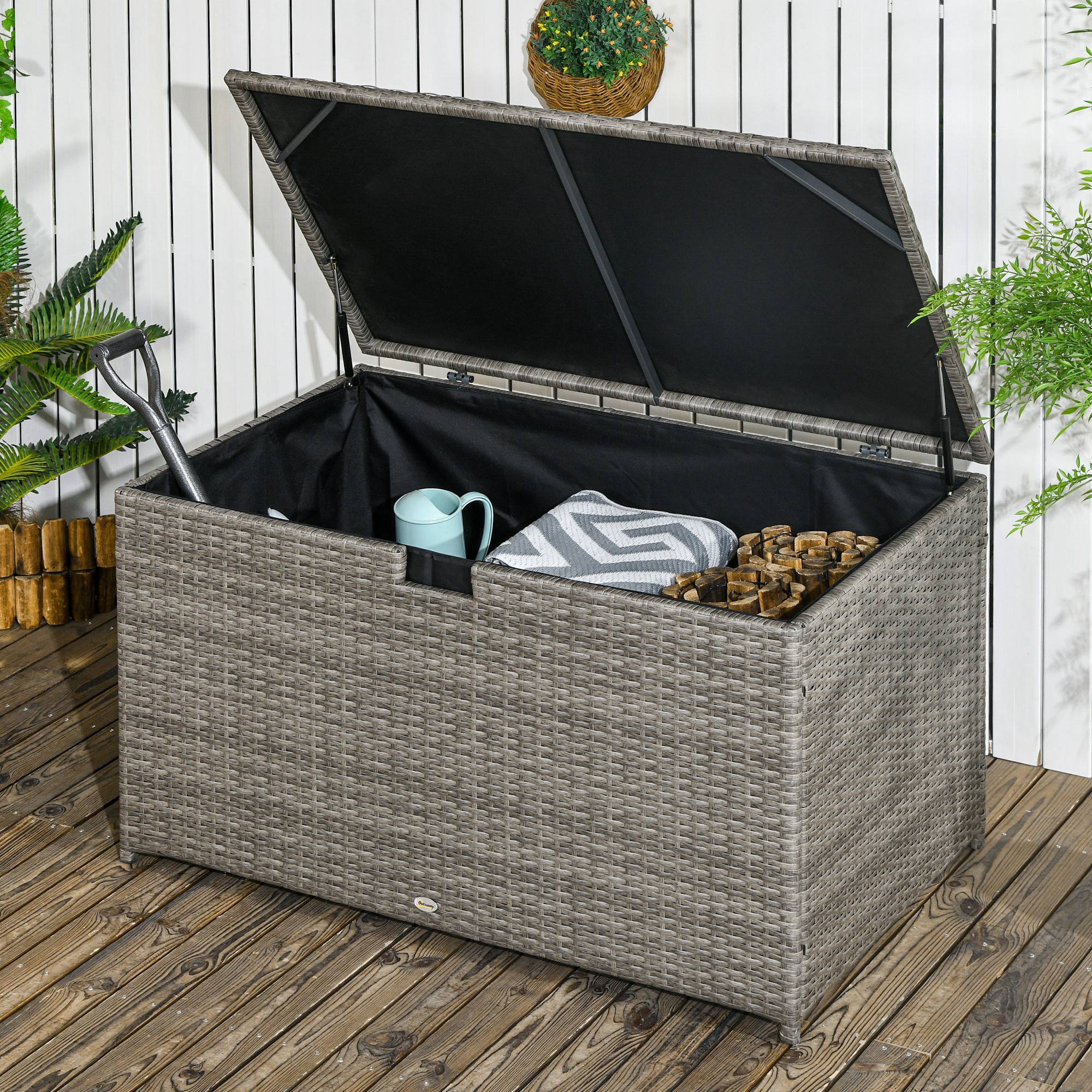 113 Gallon Outdoor Storage Box, Rattan Deck Box for Indoor, Patio Furniture Cushions, Pool Garden Tools, Gray - Gray - Image 2