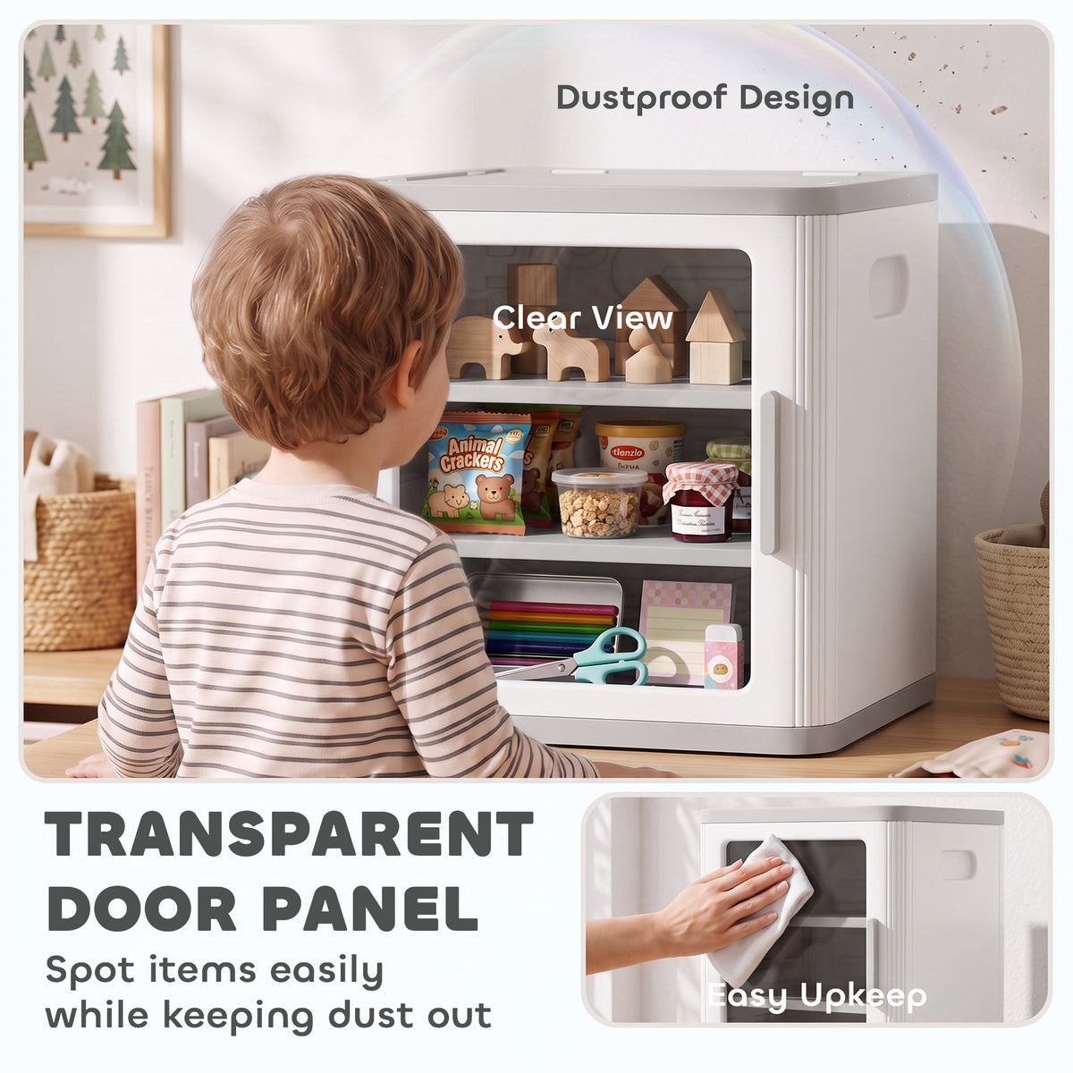 Toy Storage Organizer, 3 Tier Adjustable Toy Storage Cabinet Dustproof HDPE Plastic, Transparent Door, White