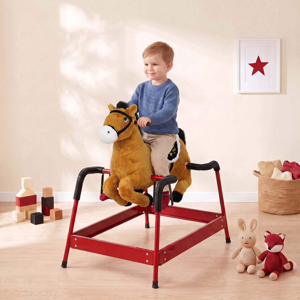 Kids Spring Rocking Horse, Ride on Horse with Neighing Sounds, Plush Animal Ride on Toy for Ages 3+ Years, Brown