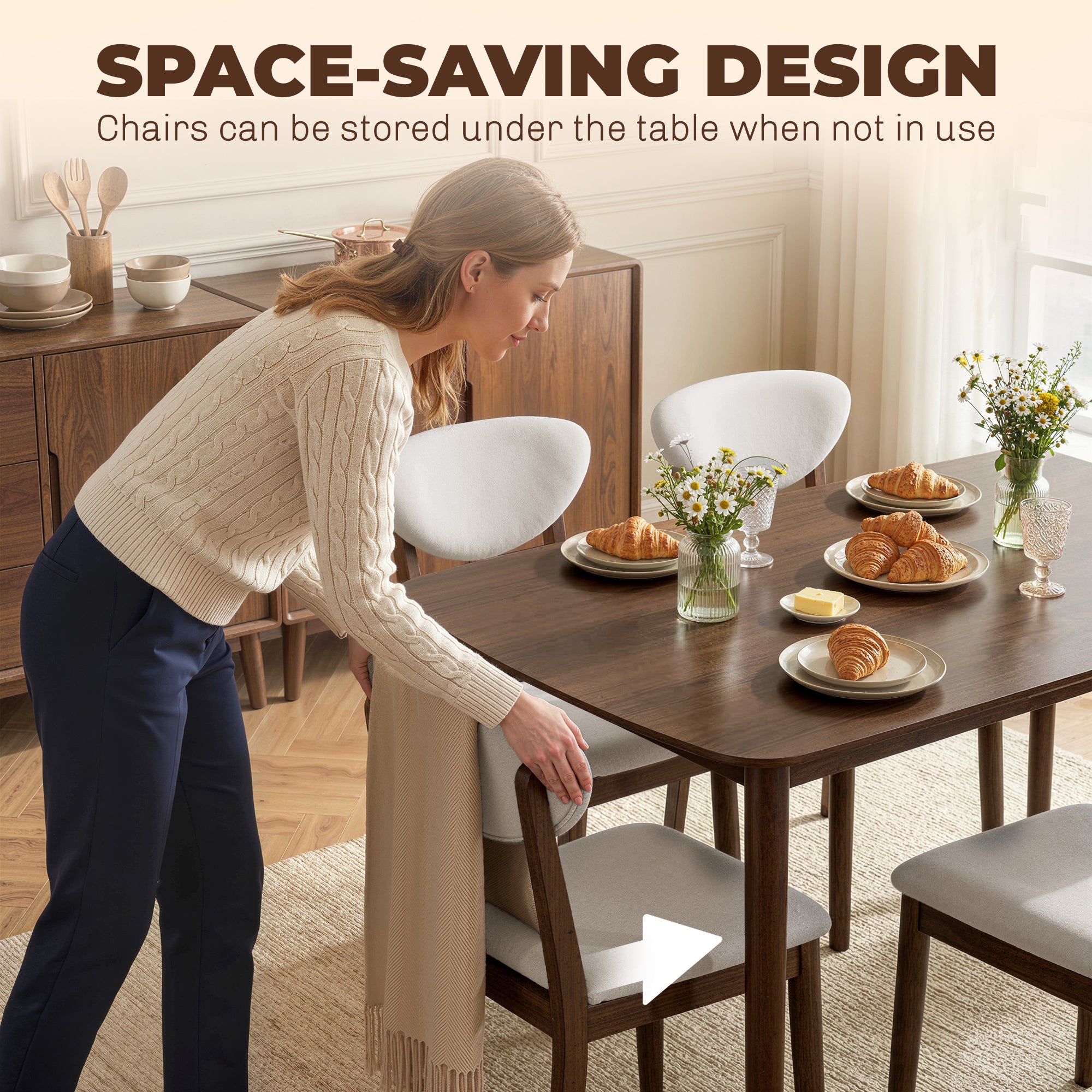 5-Piece Dining Table Set for 4, Mid-Century Modern Kitchen Table and Chairs, Cream White