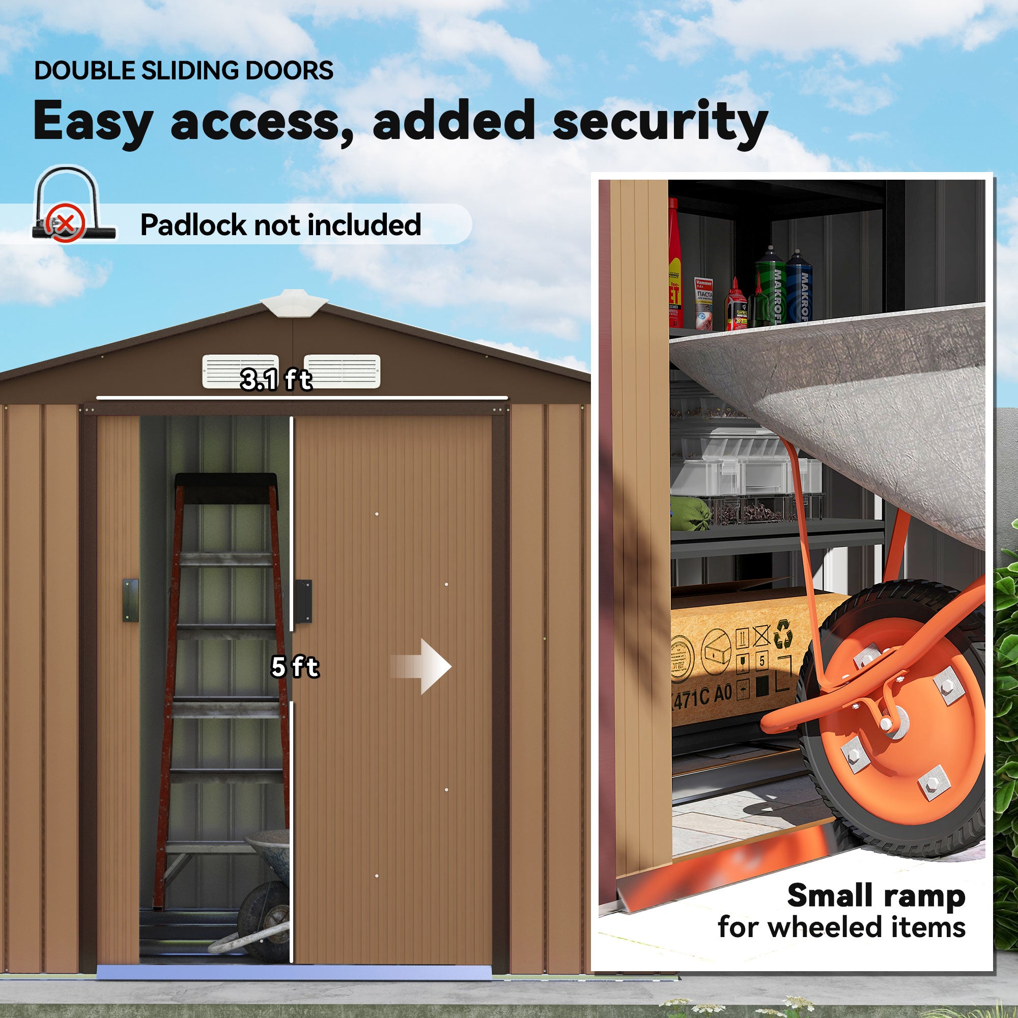 7' x 4' Outdoor Storage Shed, Garden Tool House w/ Foundation Kit Vents & Sliding Doors for Backyard Patio, Brown - Yellow - Image 5
