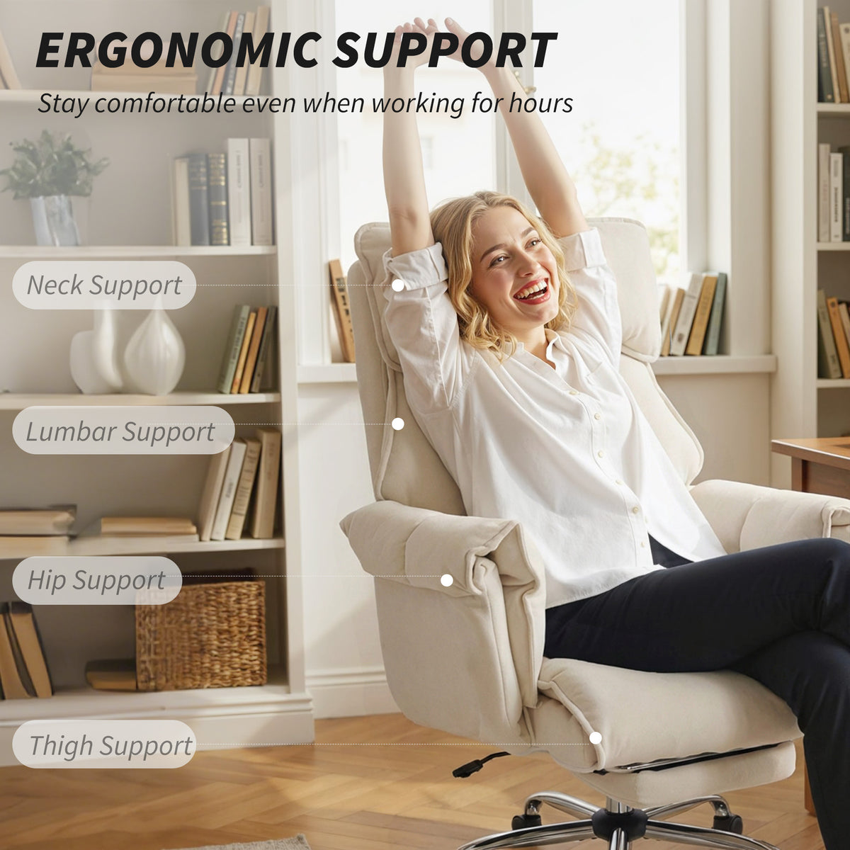 Executive Office Chair, Reclining Computer Chair with Footrest, High Back, Headrest, Adjustable Height, Cream White