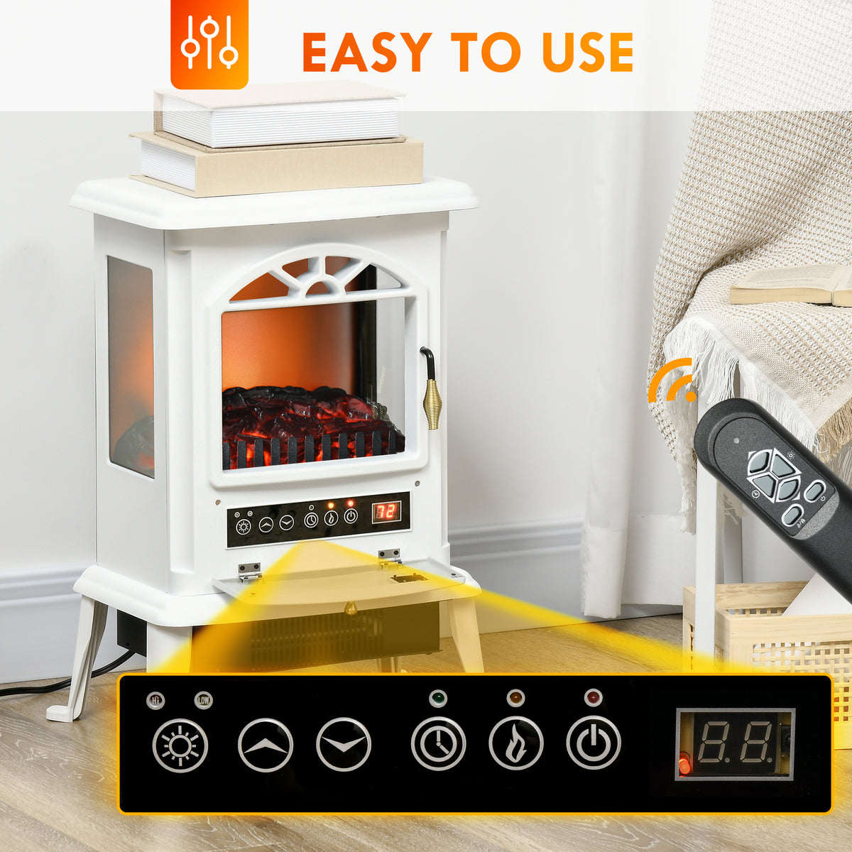 23" Electric Infrared Fireplace Stove, Freestanding Fire Place Heater with Realistic Log Flame, Adjustable Temperature, Timer, 1000W/1500W, White