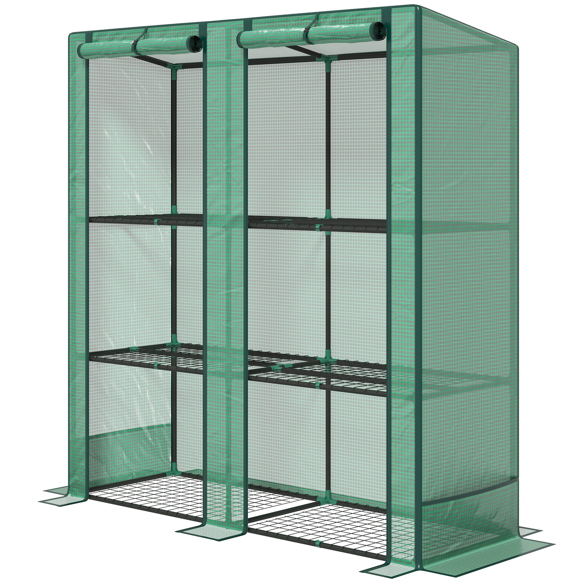 Lean-to Greenhouse with 3 Tier Shelves, Portable Greenhouse with PE Cover, 2 Roll-Up Doors, 56.7" x 18.9" x 59.8", Green - Green
