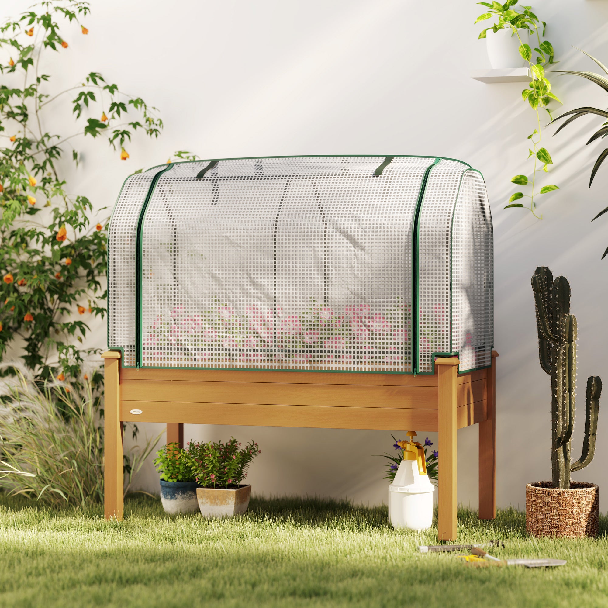 Raised Garden Bed with PE Greenhouse Cover Outdoor Planter Box for Herbs and Vegetables, 48 x 22 x 46 inch, Sand - Sand - Image 8