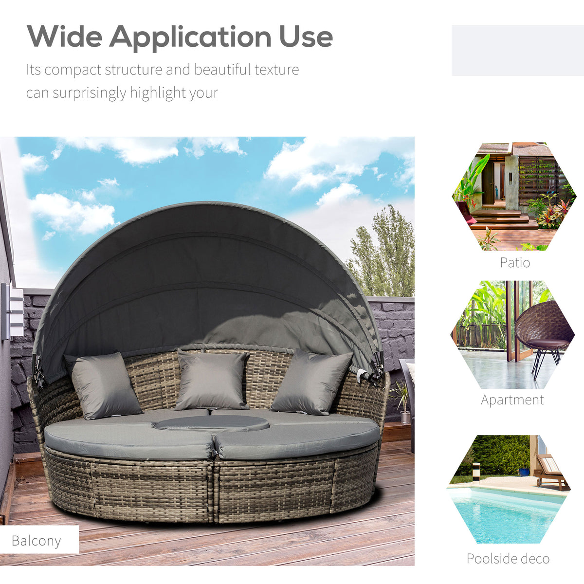 4-Piece Round Convertible Daybed with Cushions, Outdoor PE Rattan Patio Wicker Sofa Set, Dark Gray