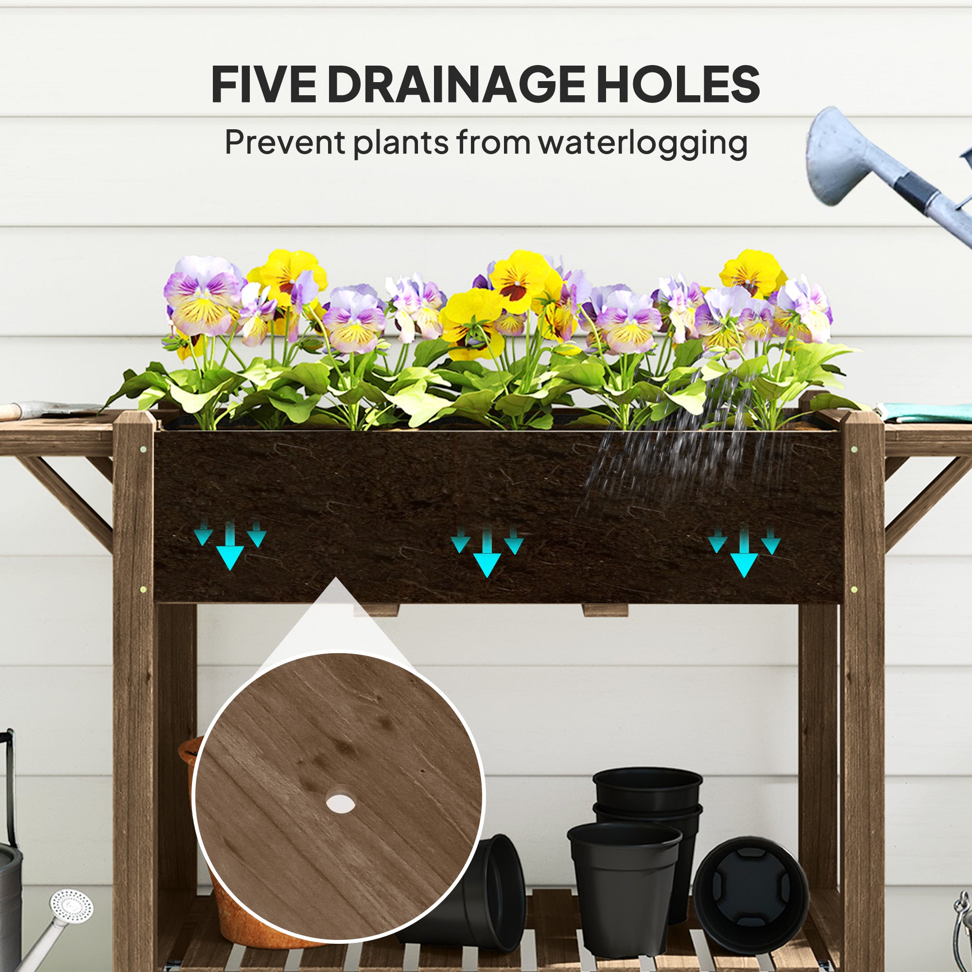 Wood Raised Planter Box, Elevated Garden Bed with Lockable Wheels, Side Tables, Bottom Shelf, Drain Holes, Carbonized - Carbonized - Image 7