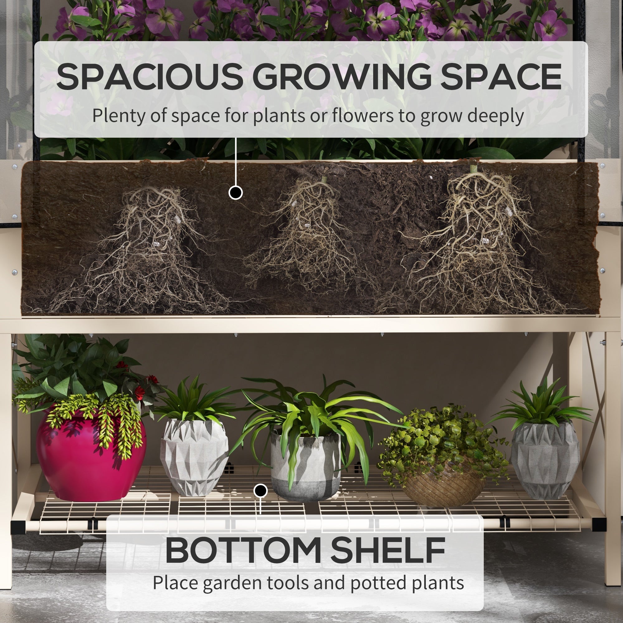 Raised Garden Bed with Legs and Cover, Metal Elevated Planter Box with Bottom Shelf and Liner for Vegetables, Cream - Cream White - Image 5