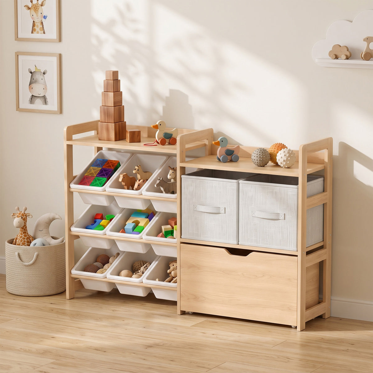 Wooden Toy Storage Organizer with Rolling Toy Chest, 2 Fabric Drawers, 2 Shelves, 9 Bins for Bedroom, Playroom, Nursery