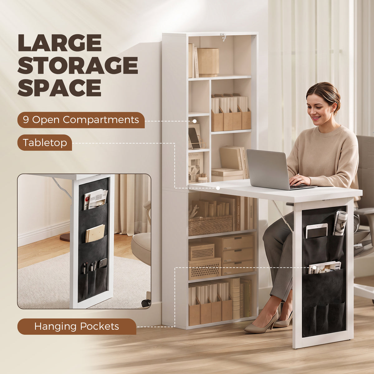 Foldable Convertible Writing Table with Storage Shelves, Bag, Wall-Mounted Space-Saving Computer Desk, White