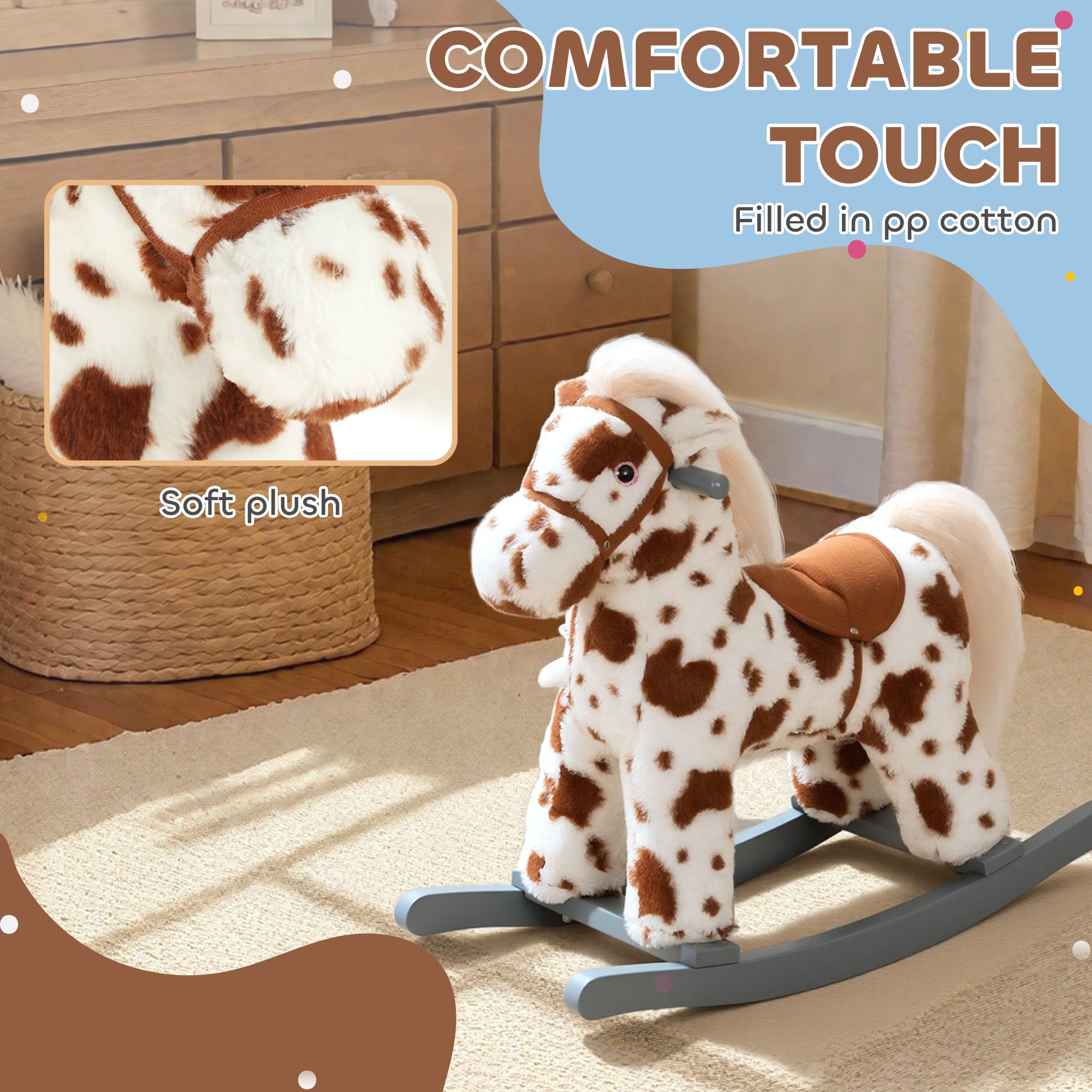 Rocking Horse, Animal Rocker with Rabbit Toy and Realistic Neigh for Toddlers, Soft Filling Ride on Pony, Brown