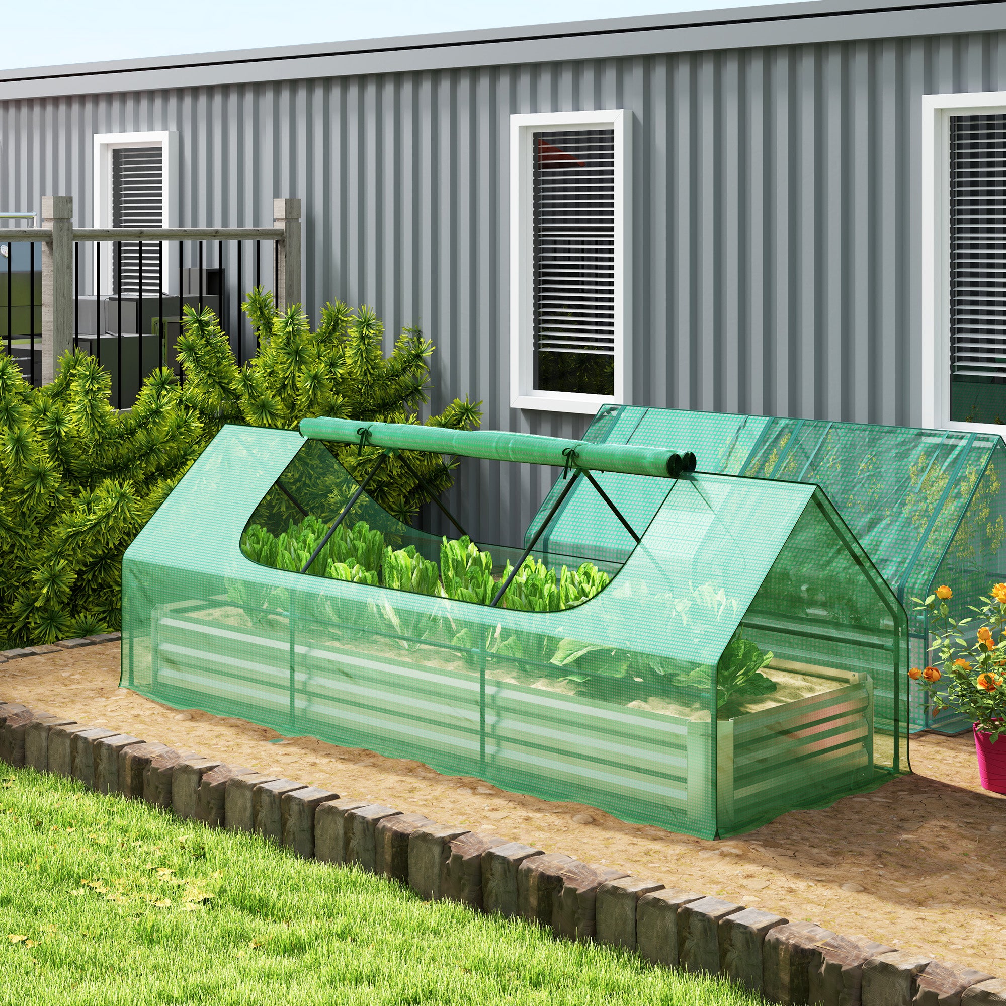 8.6 x 3 x 1ft Raised Garden Bed with Mini Greenhouse, Galvanized Raised Garden Bed with Cover for Herbs and Vegetables, Small Greenhouse for Patio Garden Balcony, Green and Silver - Green - Image 2
