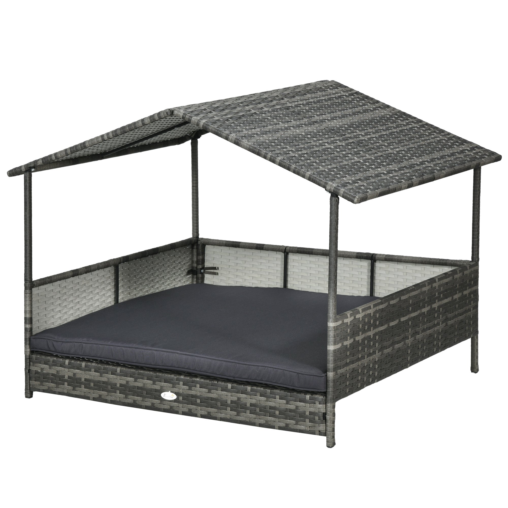 Outdoor Dog Bed with Canopy, Rattan Dog Bed with Soft Cushion Removable Cover for Medium and Large Dogs, Dark Gray - Dark Gray