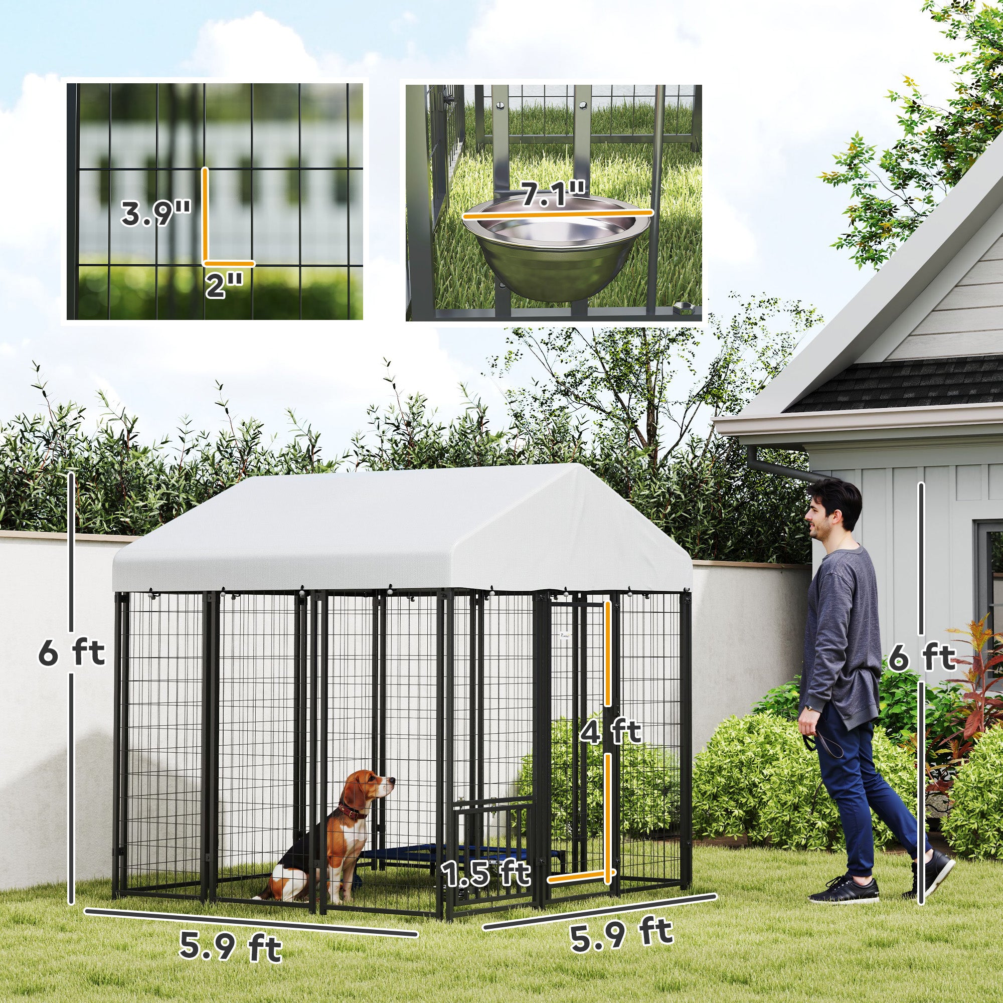 5.9' x 5.9' x 6' Outdoor Dog Kennel with Roof, Rotating & 4-Level Adjustable Bowls - Silver - Image 3