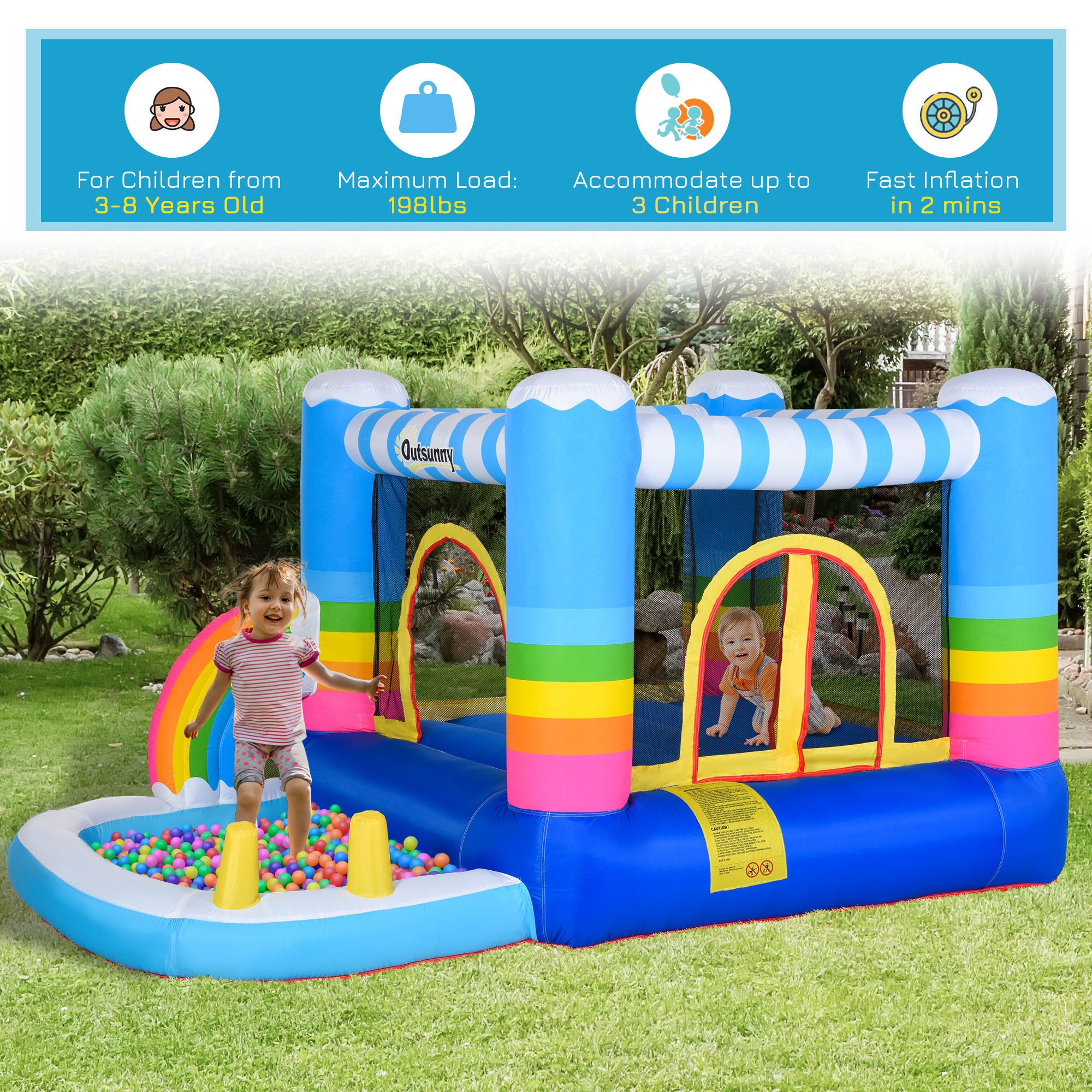 Inflatable Bounce House for Kids 2-in-1 Jumping Castle for Indoor Outdoor Party with Trampoline, Pool, Carry Bag & Air Blower