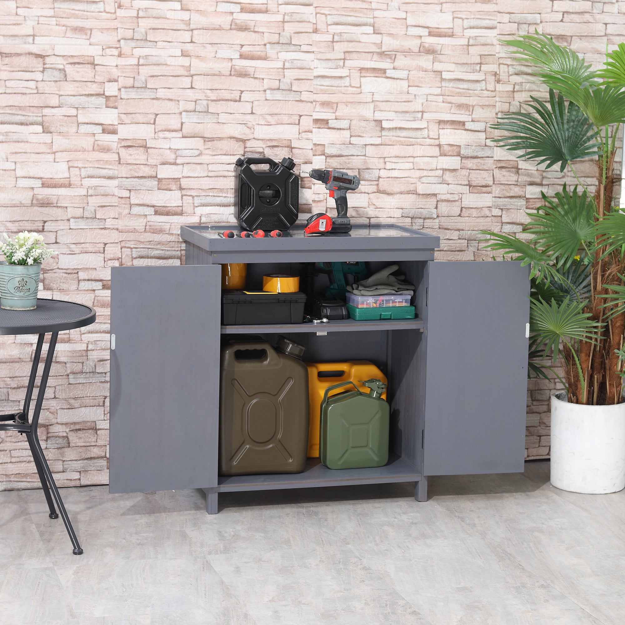 Outdoor Storage Cabinet, Outdoor Tool Shed with Galvanized Top and Two Shelves for Yard Tools or Pool Accessories, Gray - Grey - Image 2