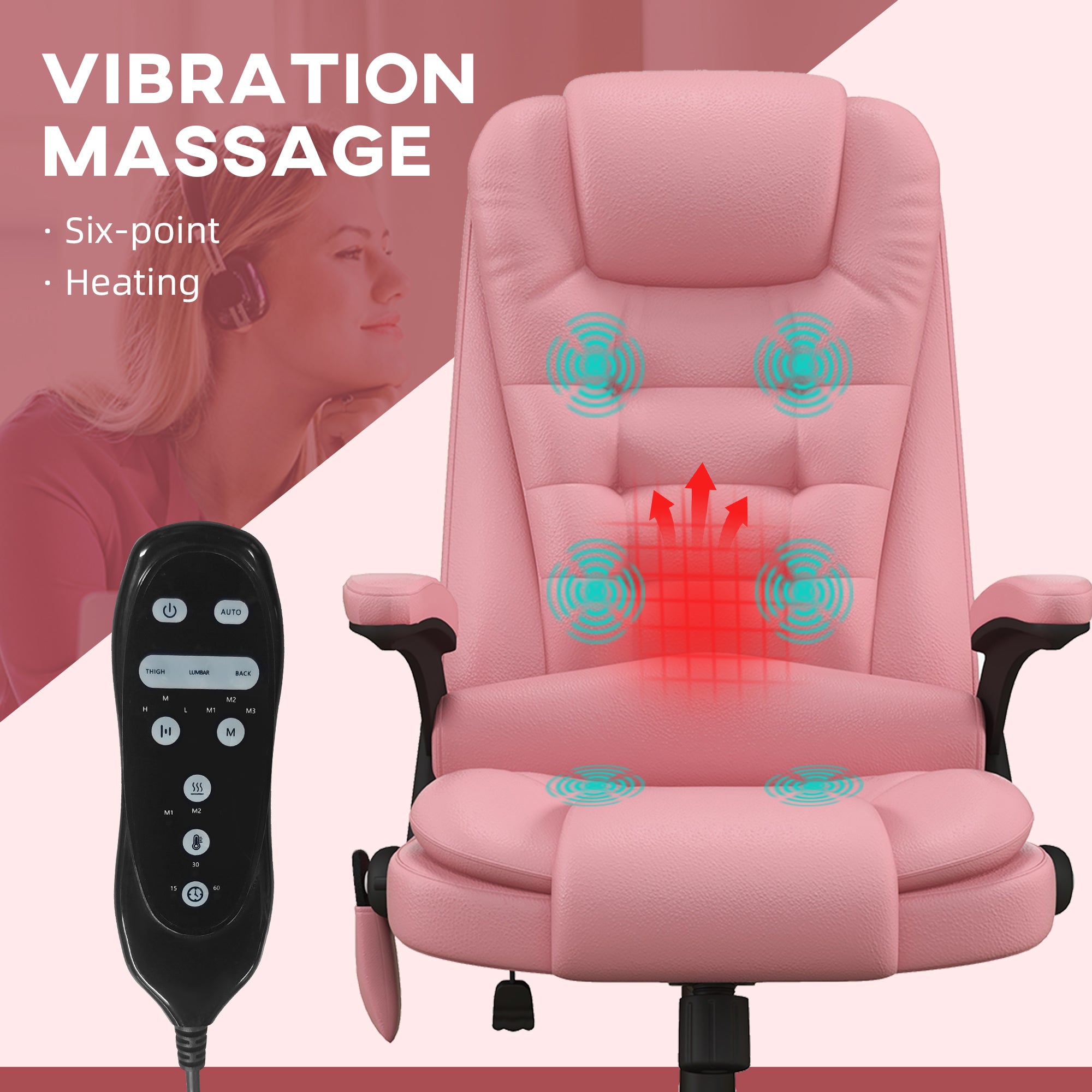 Massage Office Chair, Heated Reclining Computer Chair with 6 Vibration Points, Armrest and Remote, Pink