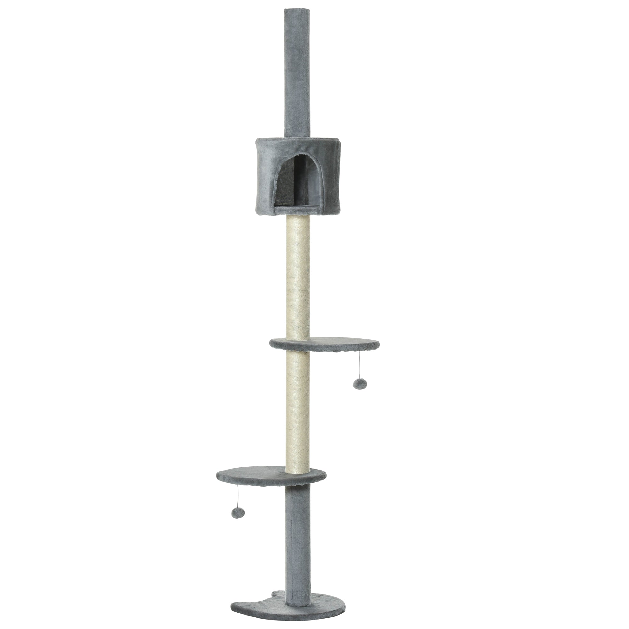 85.5" Cat Tree Height Adjustable Floor-to-Ceiling 4-Tier Kitty Climbing Activity Center Condo Cat Toy with Scratching Post Hanging Balls Play Rest Post Pet Furniture Grey - Light grey - Image 7