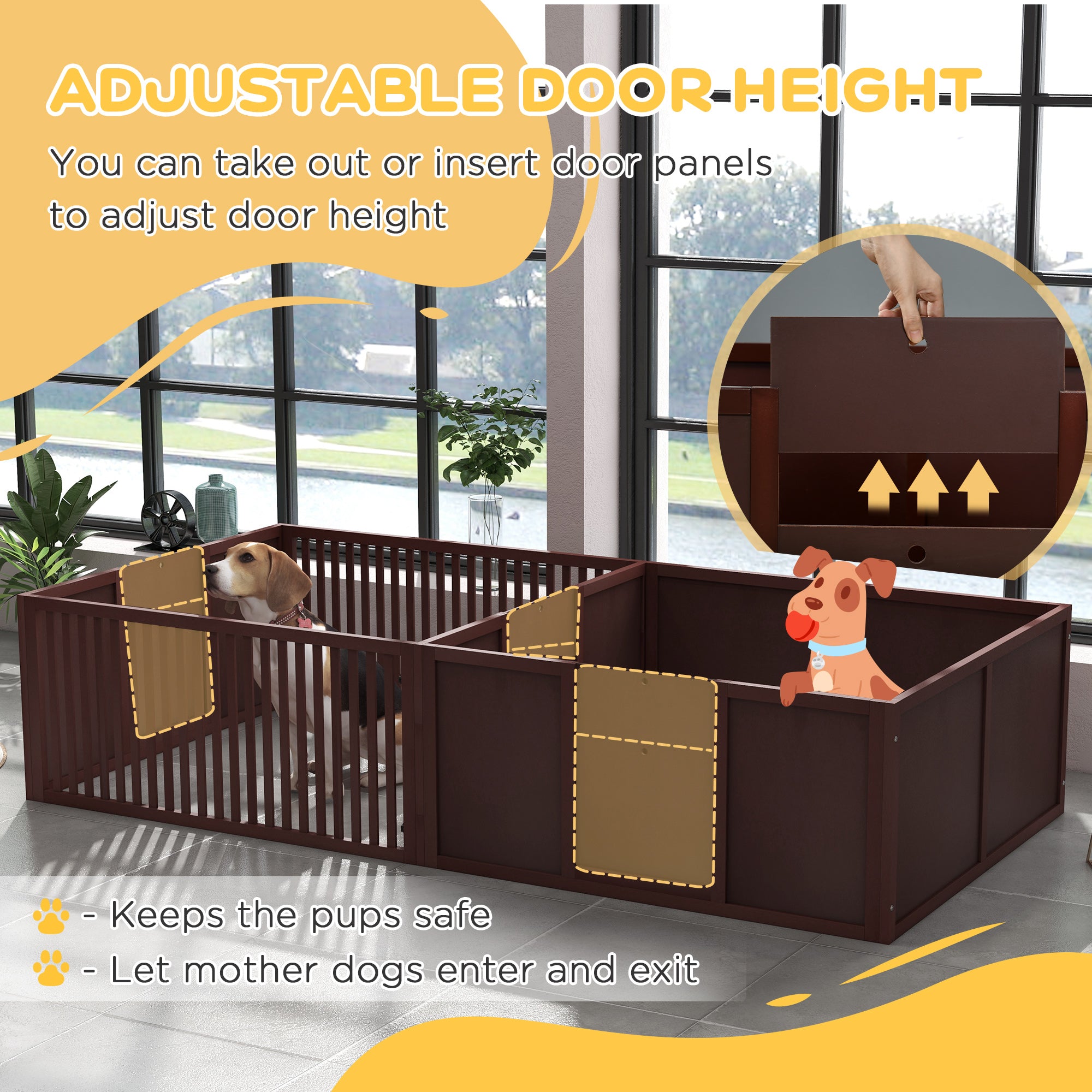 Whelping Box for Dogs Built for Mother's Comfort, Dog Whelping Pen with Removable Doors, Puppy Playpen for Indoors, Newborn Puppy Supplies & Essentials, 81" x 39" x 20", Coffee - Coffee - Image 4