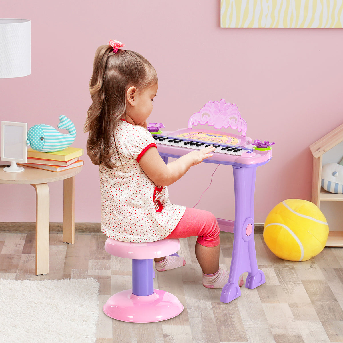 Qaba 32-Key Princess Electronic Toy Piano for Kids, Educational Keyboard Piano with Stool, MP3, Record, Flashing Lights, Microphone for 3-6 Years, Pink