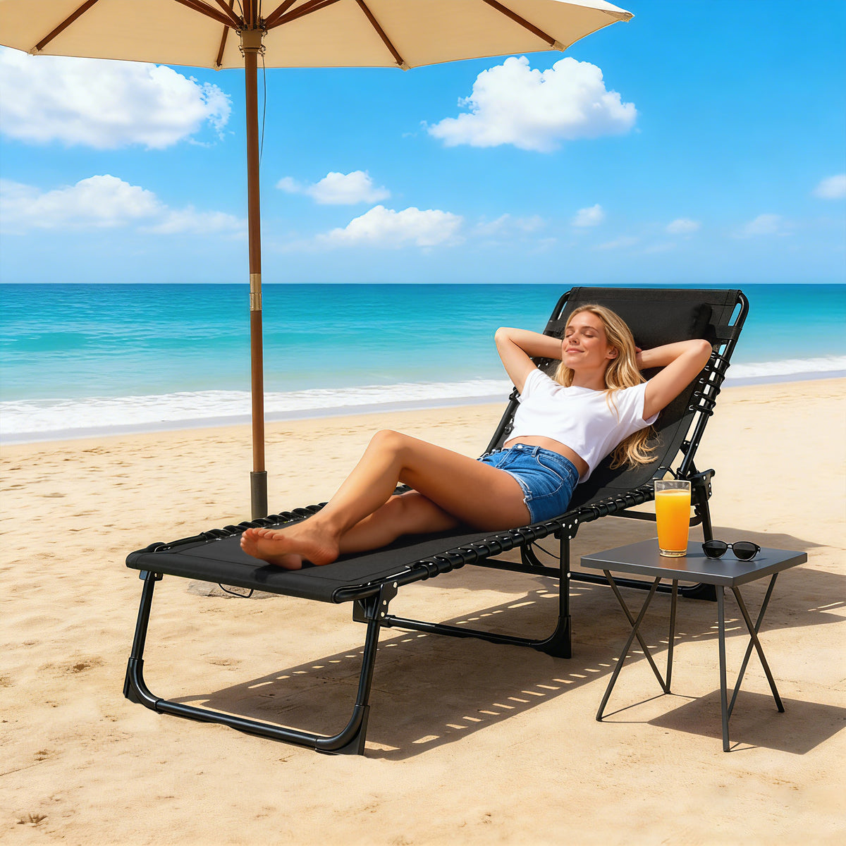 Folding Chaise Lounge Pool Chair with 4-Position Reclining Back, Pillow, Breathable Mesh & Bungee Seat, Black