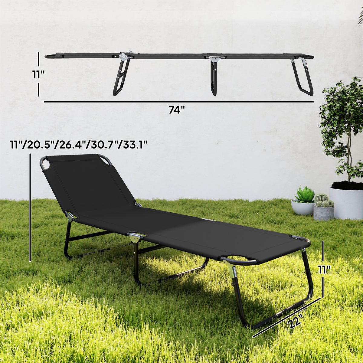 Folding Chaise Lounge Pool Chairs, Outdoor Sun Tanning Chairs with 5-Level Reclining Back, Steel Frame for Beach, Yard, Patio, Black