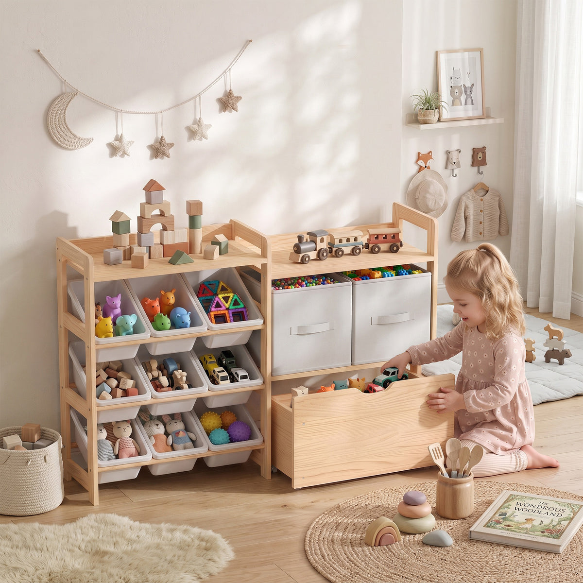 Wooden Toy Storage Organizer with Rolling Toy Chest, 2 Fabric Drawers, 2 Shelves, 9 Bins for Bedroom, Playroom, Nursery
