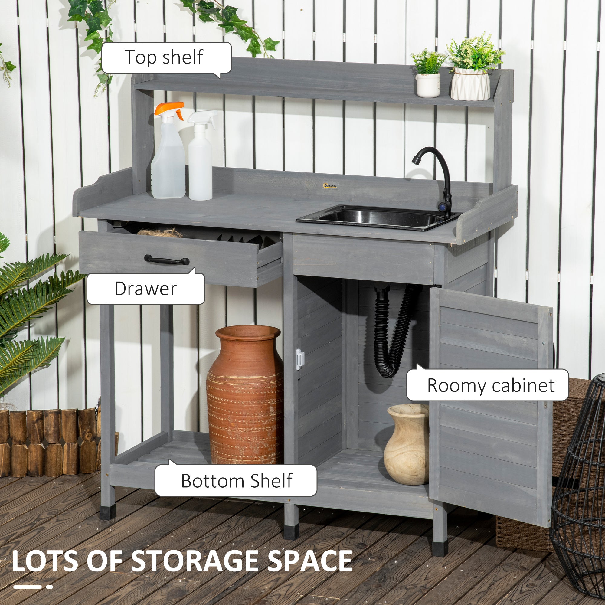 Potting Bench Table with Sink, Outdoor Work Bench Table with Storage Cabinet, Hooks, Removable Sink, Faucet and Drawer for Greenhouse, Garden, Patio, Gray - Gray - Image 4